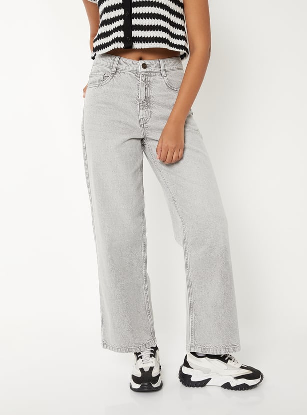 Women Stonewash Wide Leg Jeans