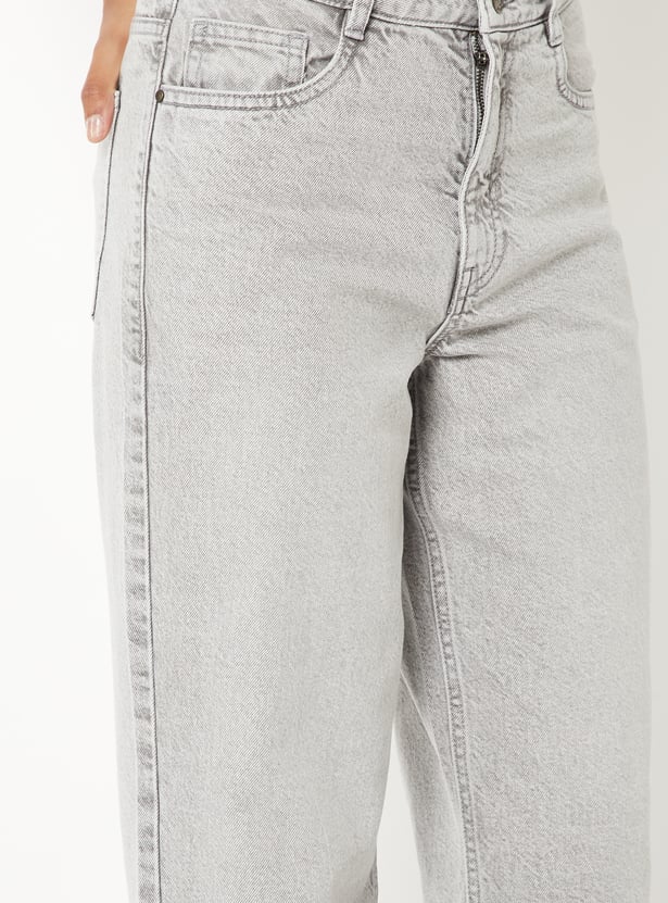 Women Stonewash Wide Leg Jeans