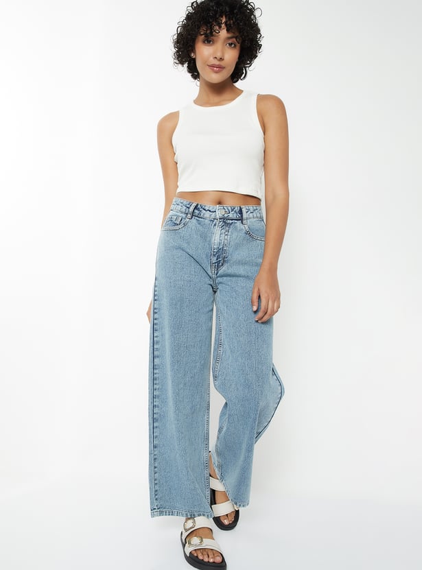 Women Clean Look Wide Leg Jeans High Rise