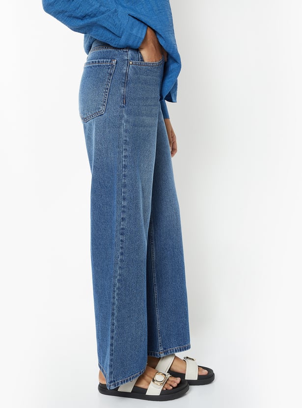 Women Solid Wide Leg Jeans