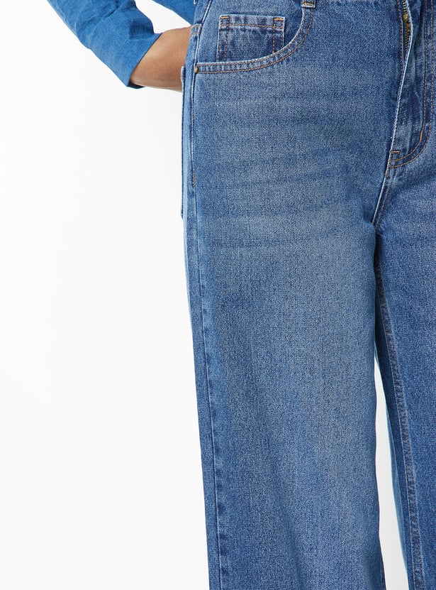 Women Solid Wide Leg Jeans