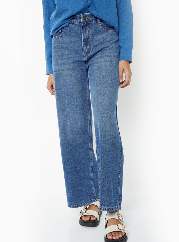 Women Solid Wide Leg Jeans