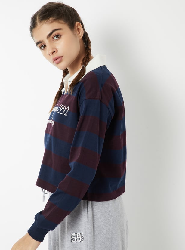 Women Striped Johnny Collar Sports T-shirt
