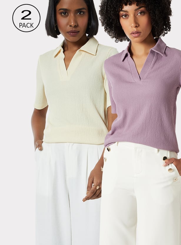 Women Textured Johnny Collar T-shirt - Pack of 2
