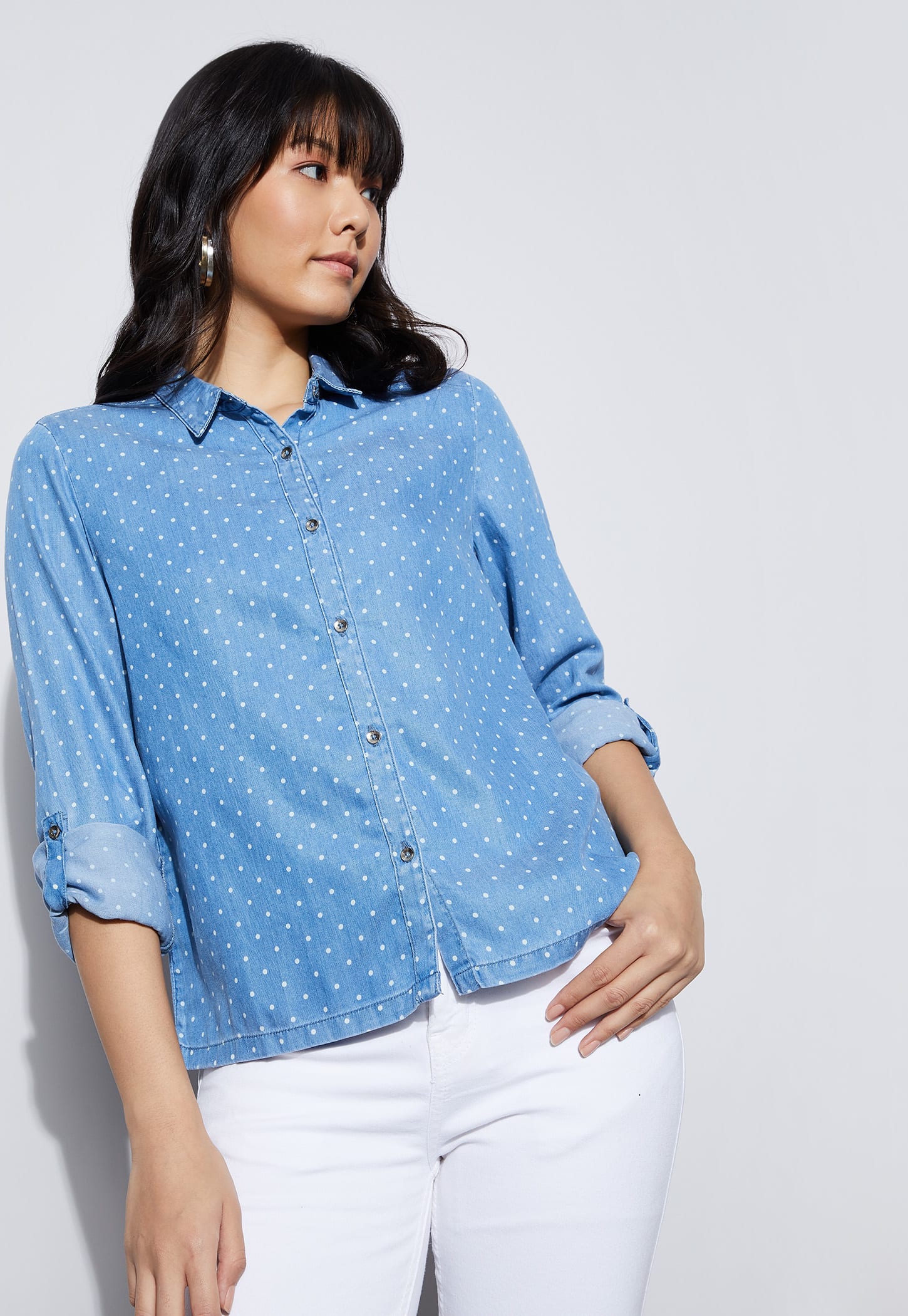 FAME FOREVER Polka Dot Denim Shirt-picture-26
