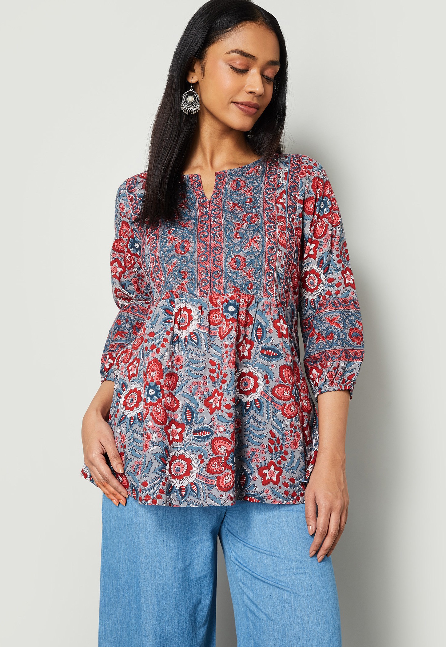 MELANGE Floral Print Notched Neck Top-picture-14