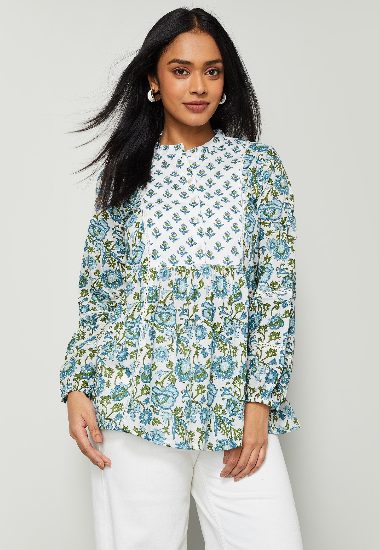 MELANGE Floral Print Top with Band Collar-picture-54