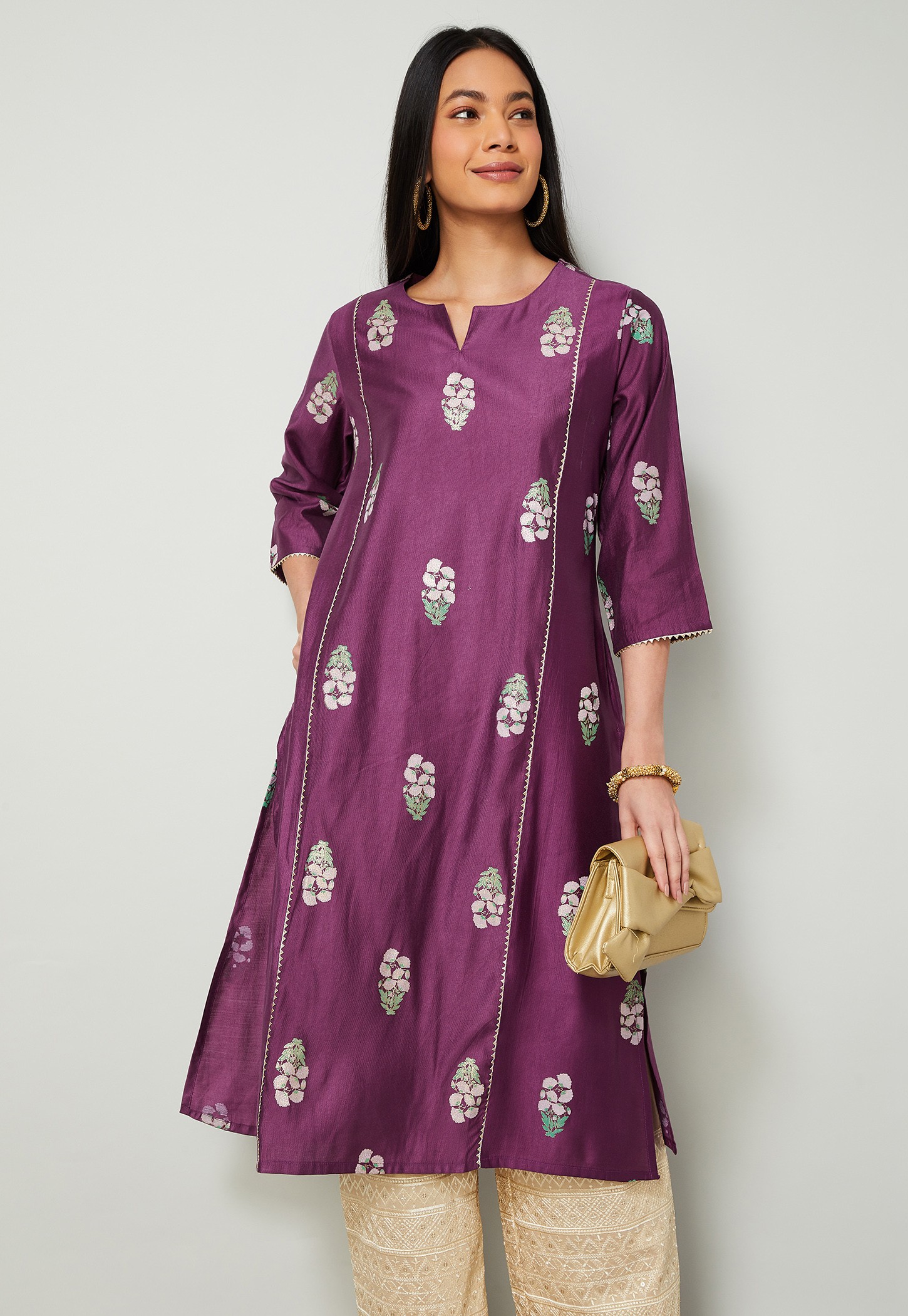 MELANGE Floral Print Notched Neck 3/4th Sleeves Straight Kurta-picture-41