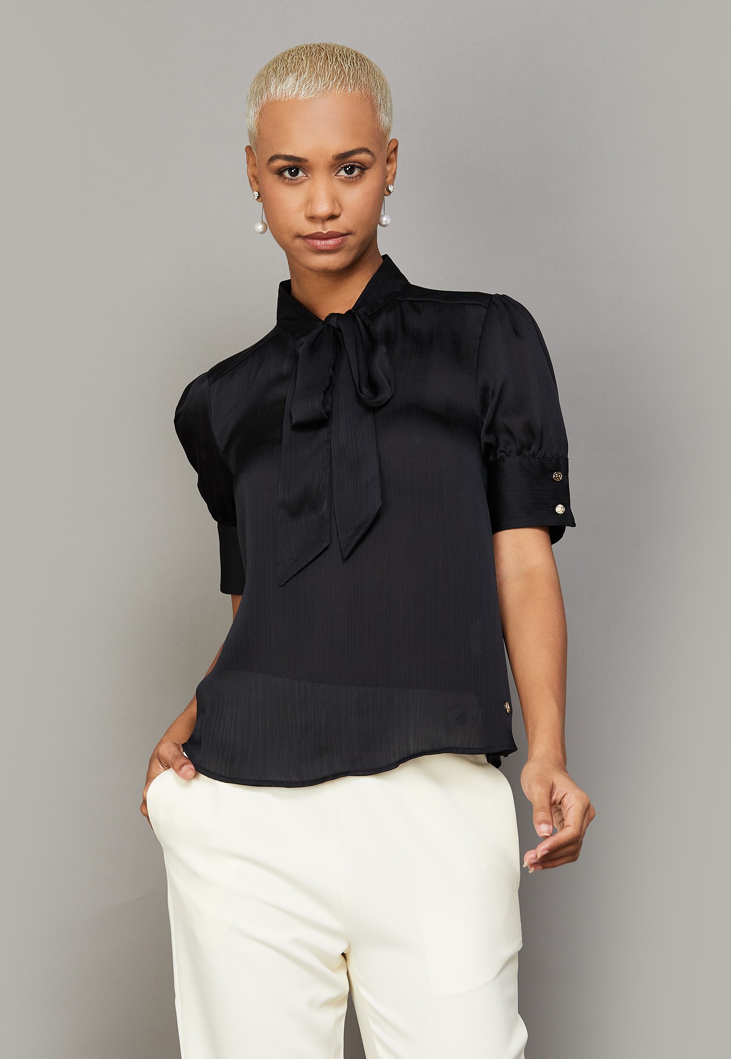 ALLEN SOLLY Solid Tie-Up Neck Puffed Sleeves Top-picture-14