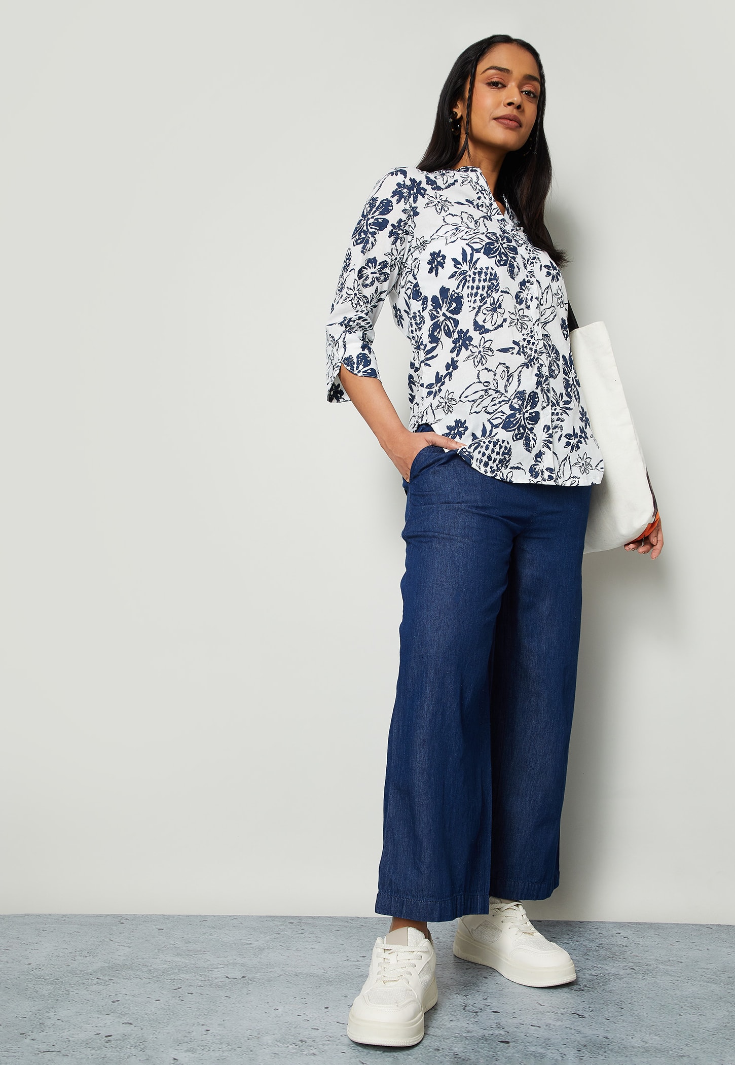 COLOUR ME Solid Paperbag Waist Denim Trousers-image-3
