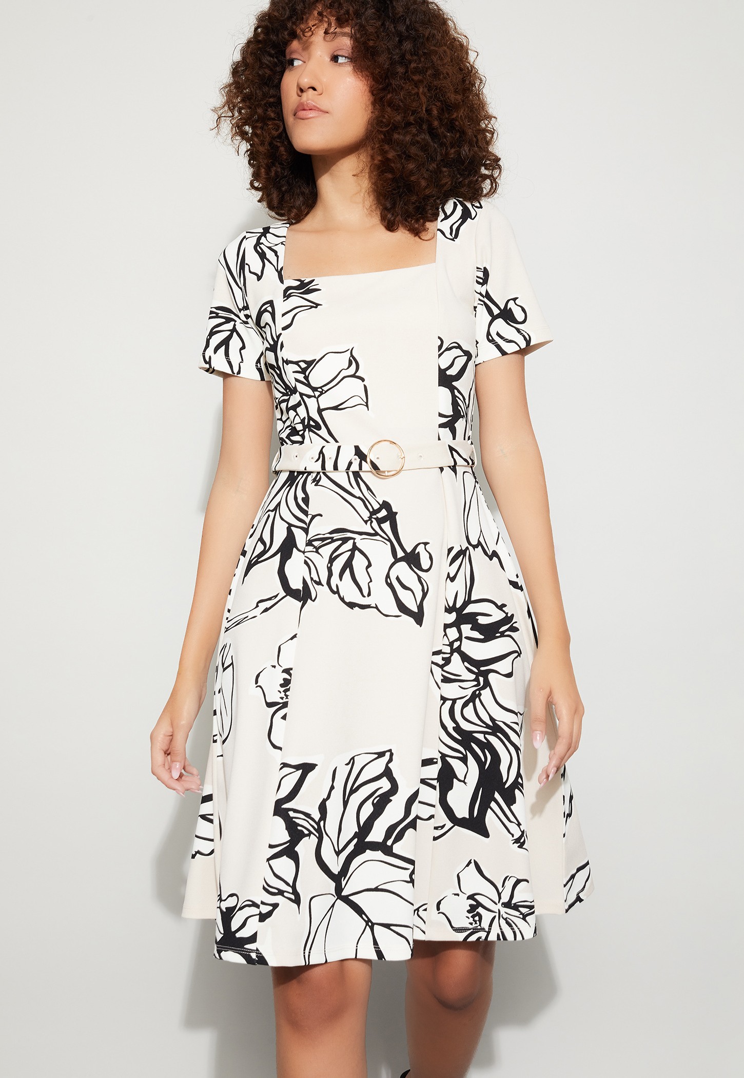 CODE Floral Print Fit & Flare Dress with Belt-picture-19