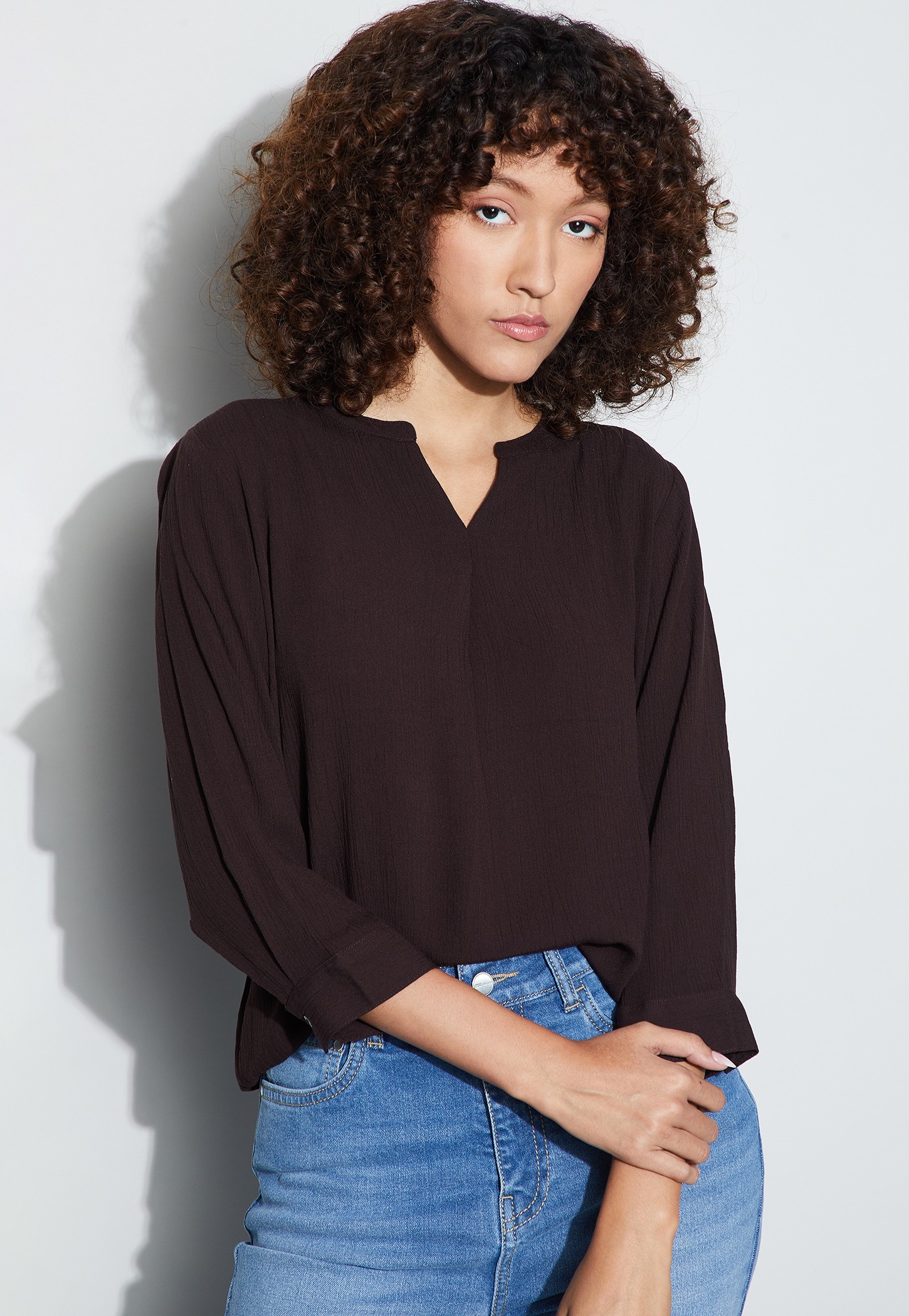 FAME FOREVER Textured Band Collar Top-picture-39
