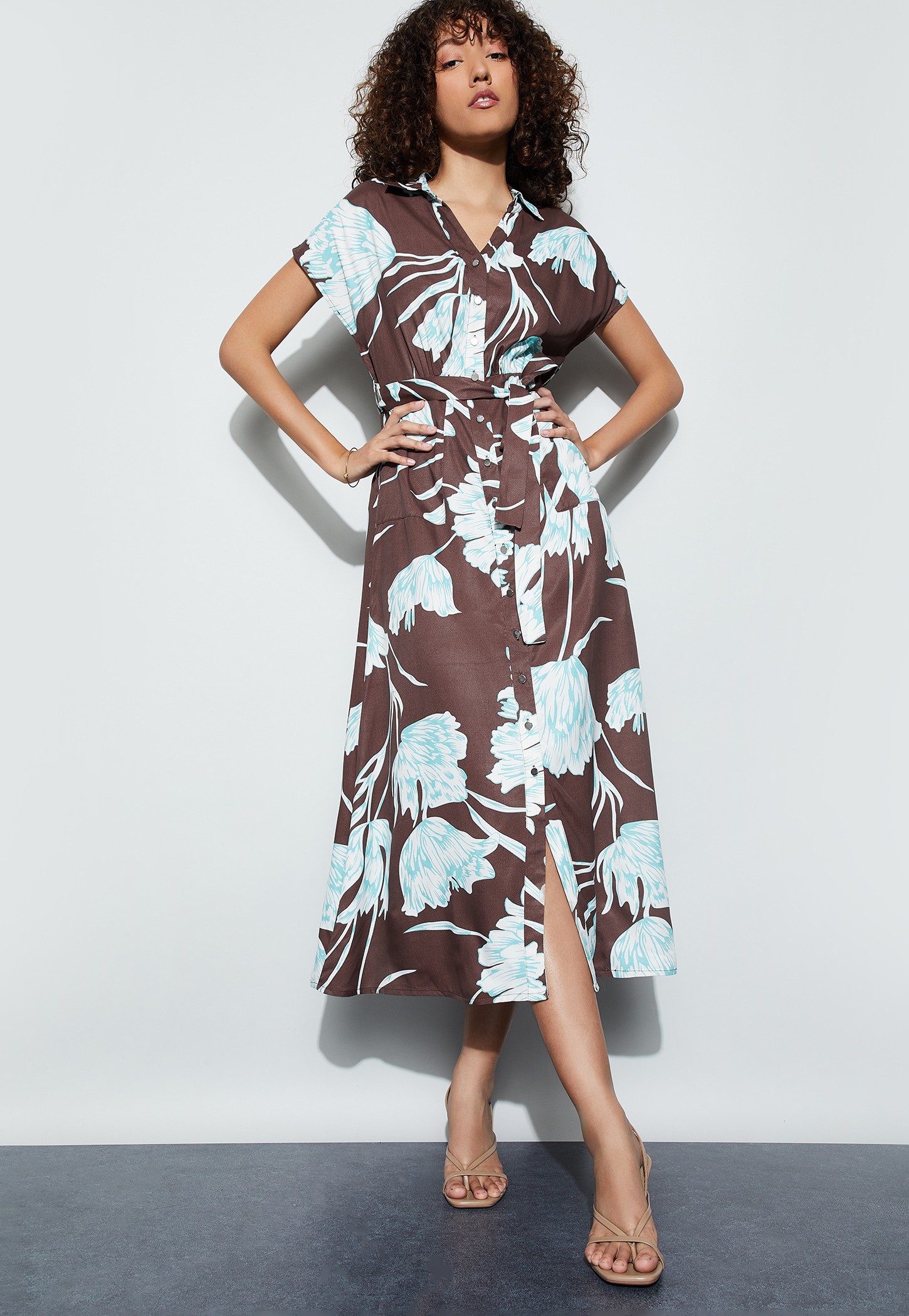 CODE Floral Print Shirt Dress with Belt-picture-22