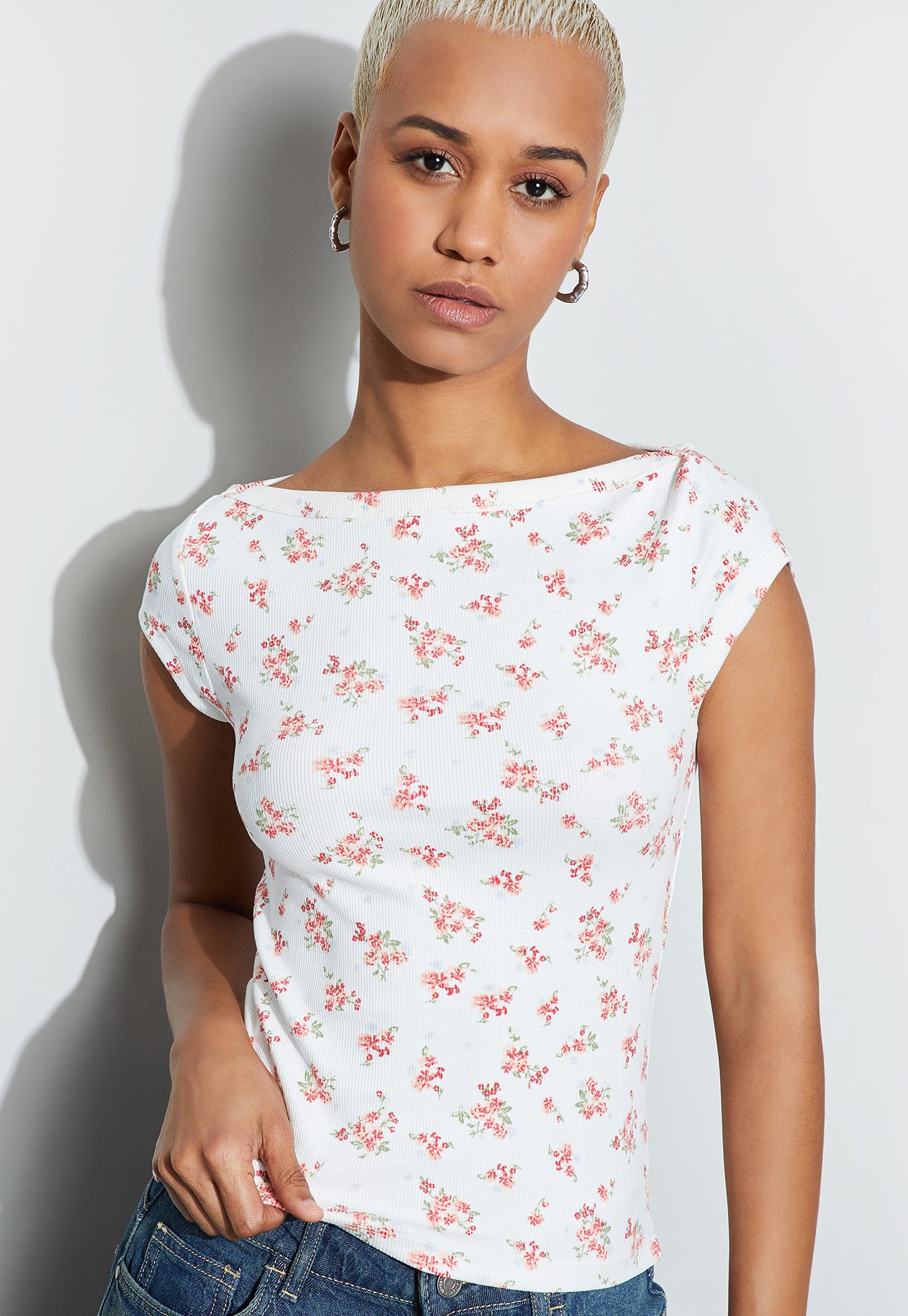 GINGER Floral Print Boat Neck T-shirt-picture-38