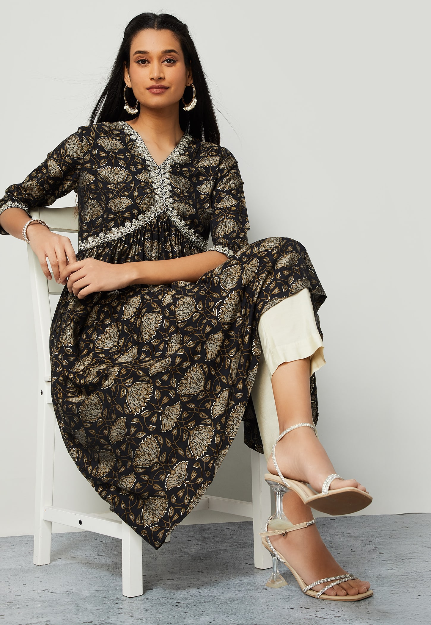 MELANGE Floral Print V-Neck Flared Kurta-image-37