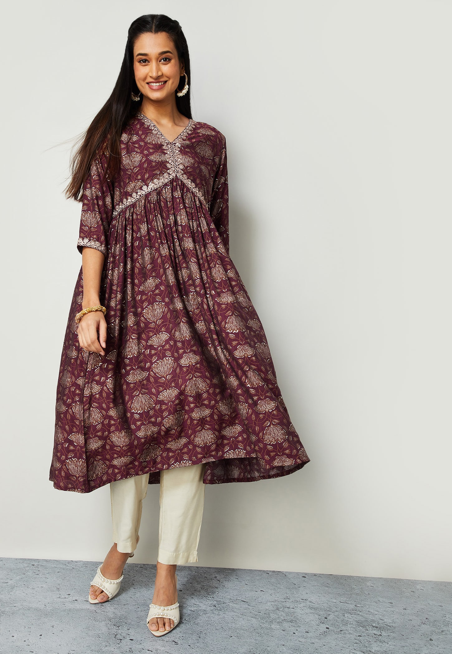 MELANGE Floral Print V-Neck Flared Kurta-picture-20