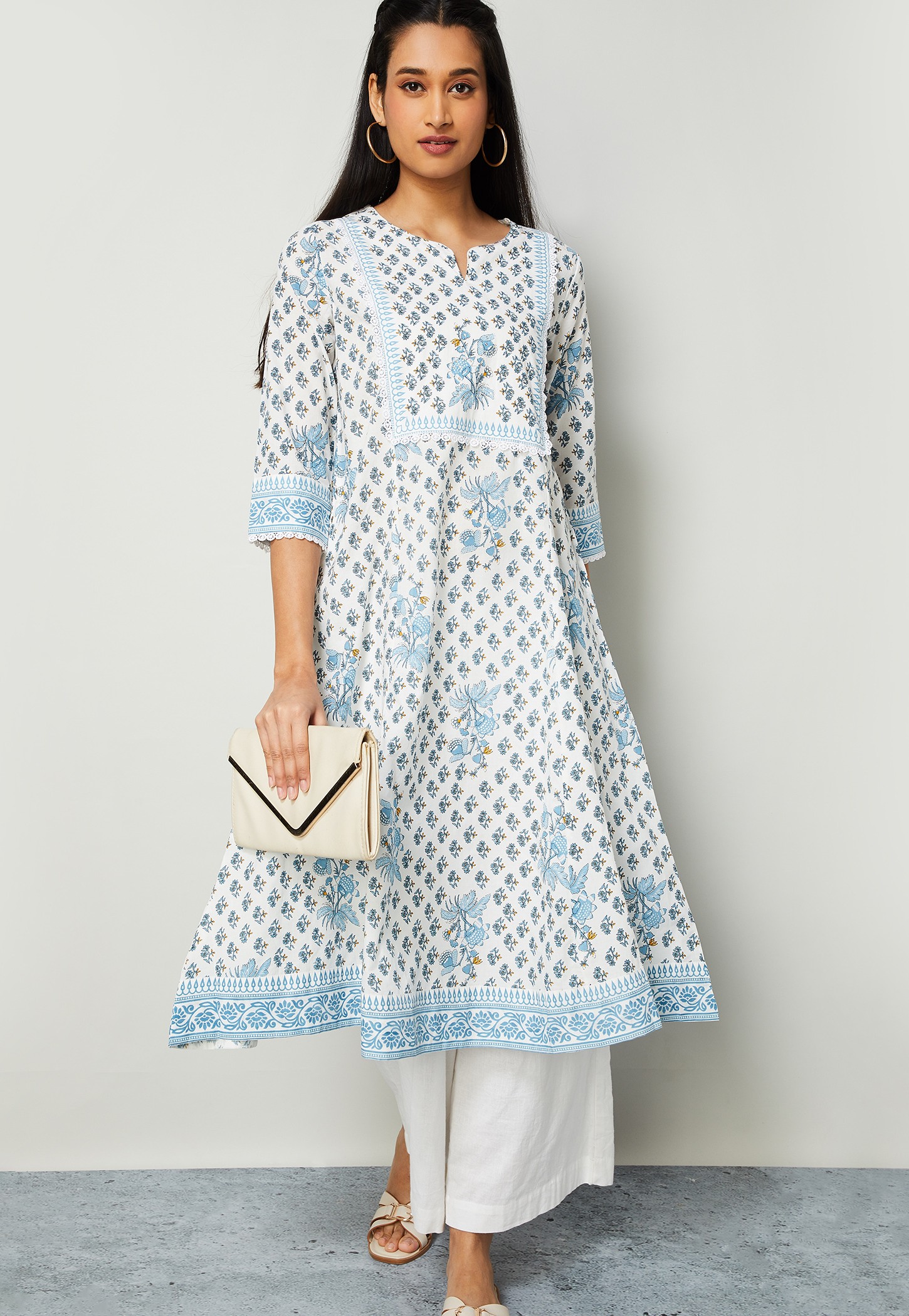 MELANGE Floral Print Notched Neck 3/4th Sleeves Anarkali Kurta-picture-27