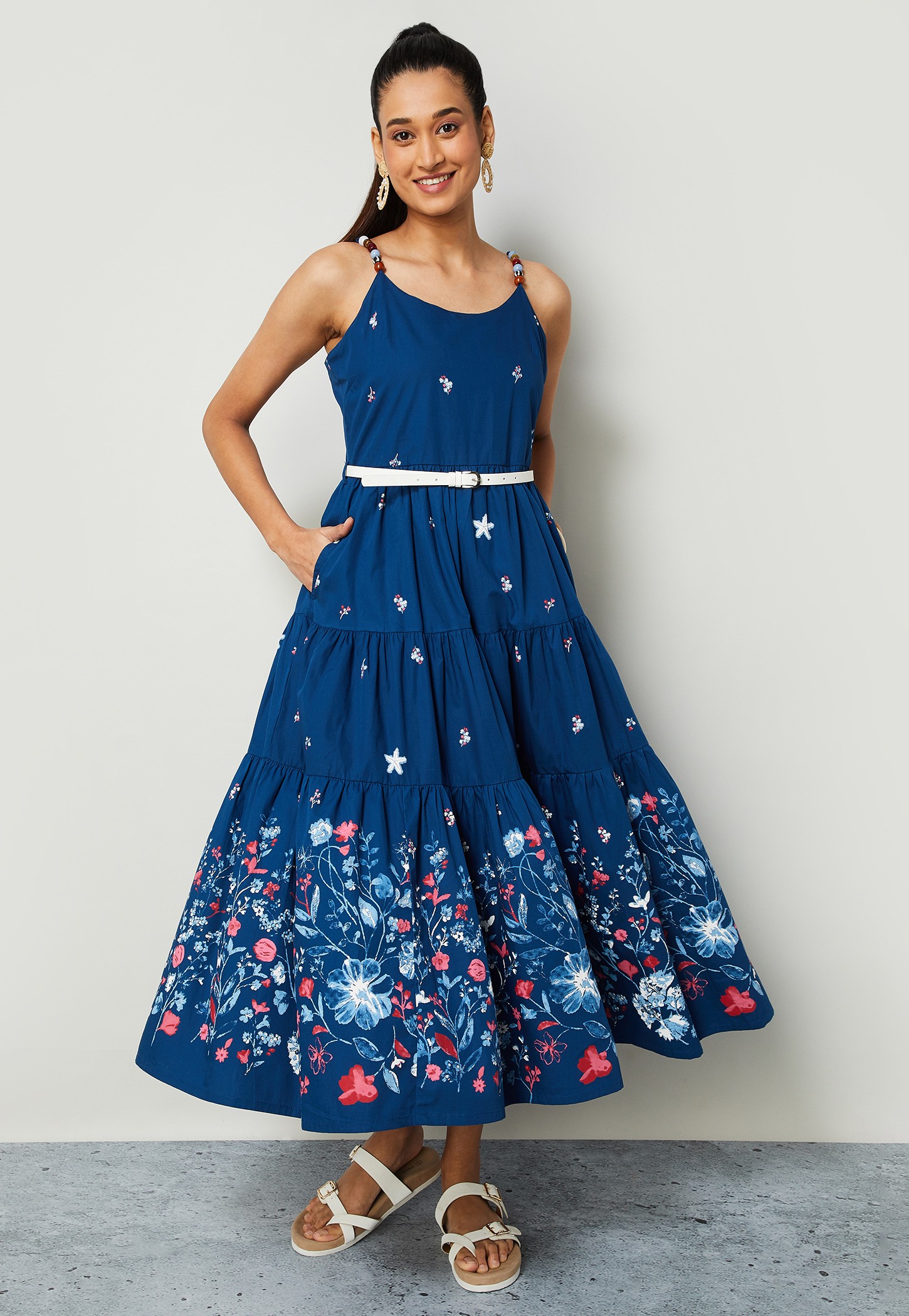 COLOUR ME Embroidered Beaded Strap Midi Dress-image-1