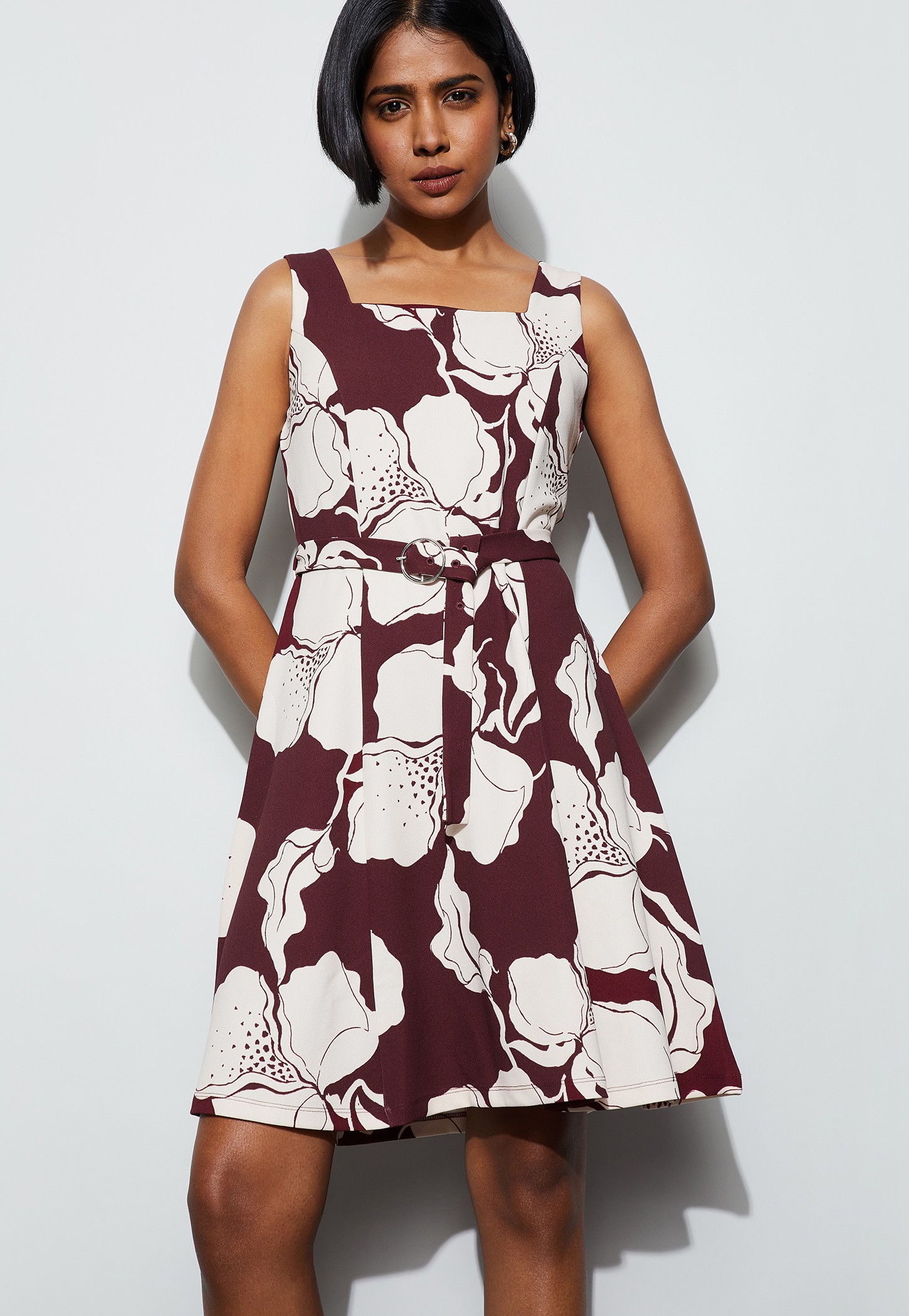 CODE Floral Print Belted Midi Dress