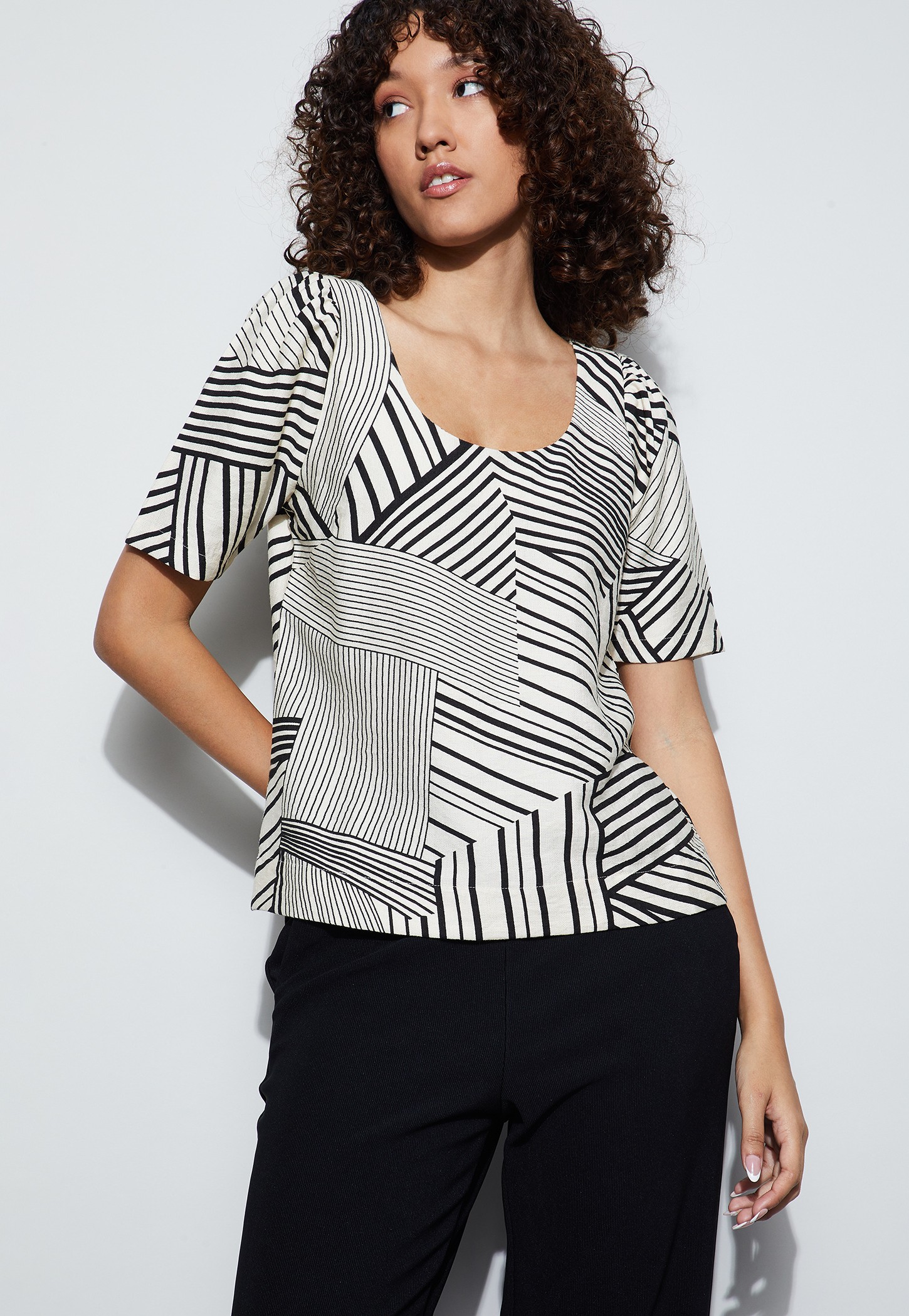 CODE Striped Puffed Sleeve Top-picture-22