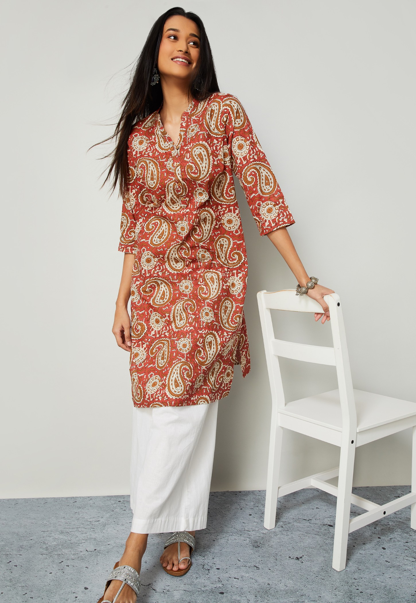MELANGE Paisley Print Band Collar Straight Kurta-picture-44