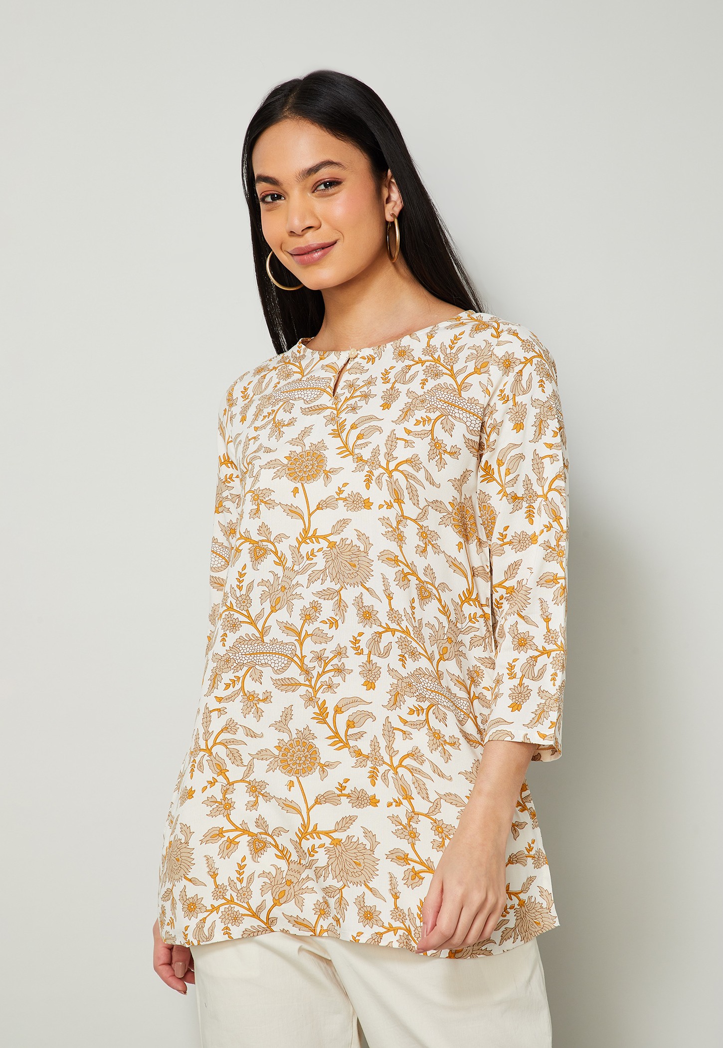MELANGE Floral Print Boat Neck 3/4th Sleeves Straight Kurti-picture-47