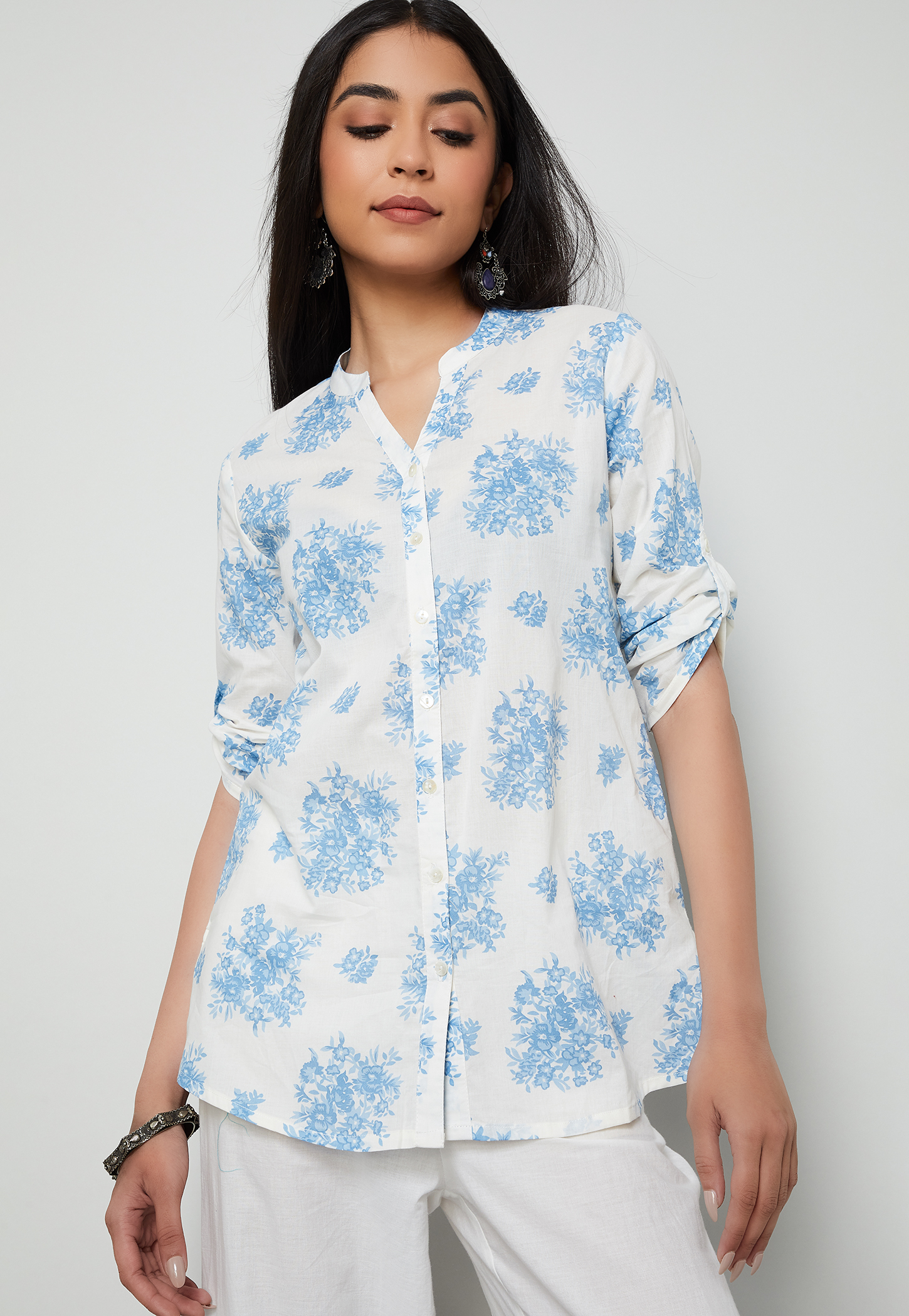 MELANGE Floral Print Band Collar A-line Kurti-picture-54