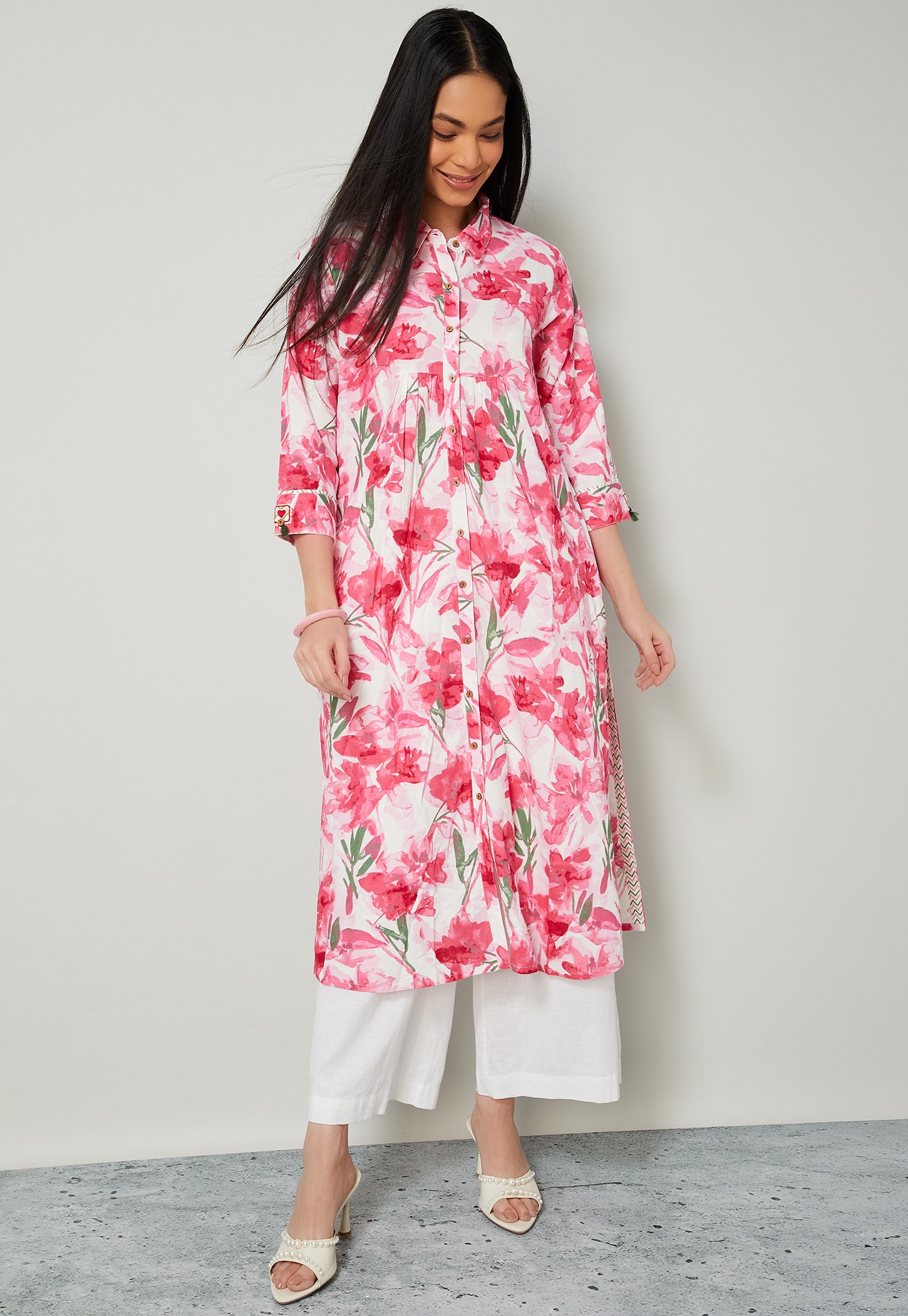MELANGE Floral Print Button Design Straight Kurta-image-4