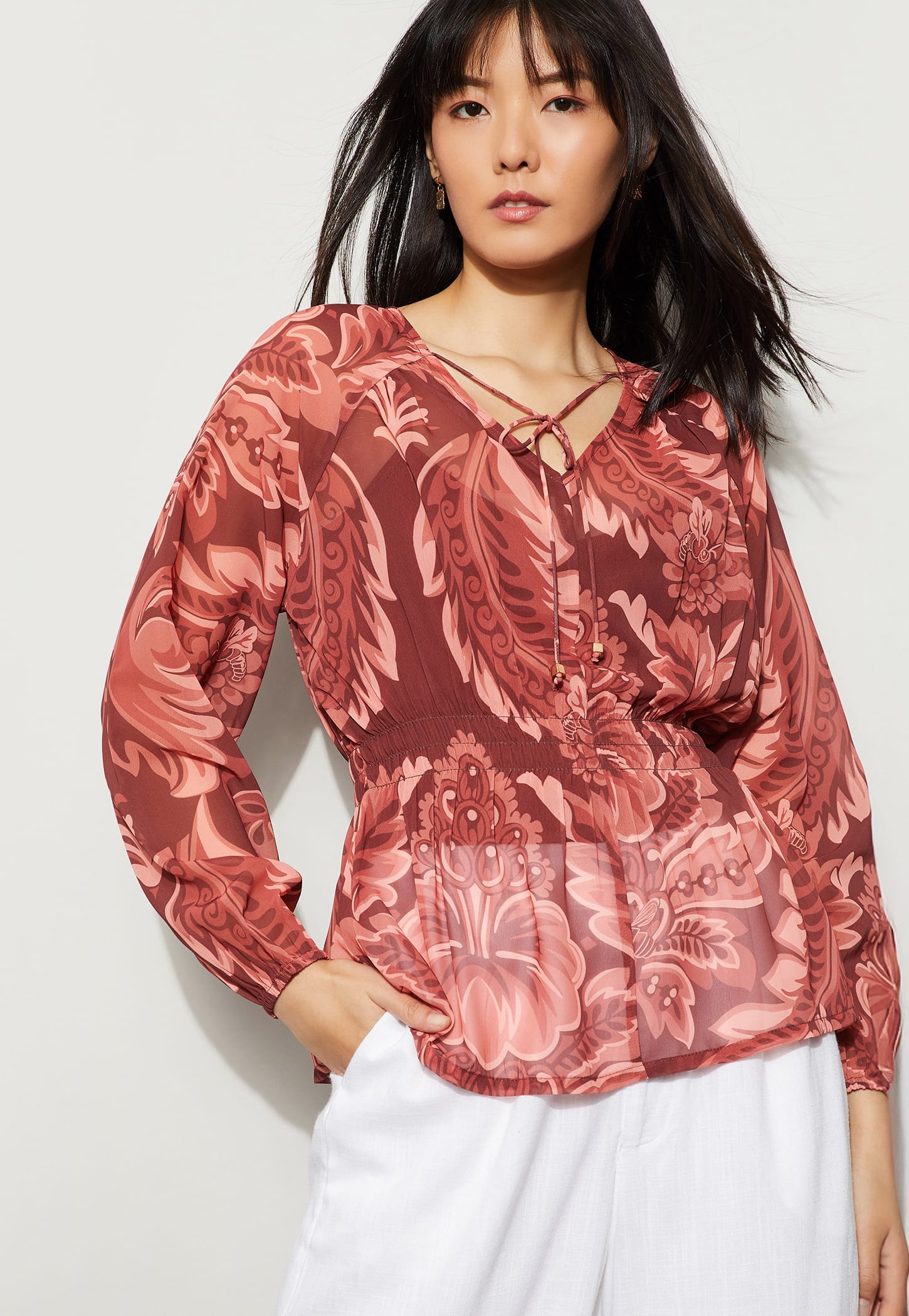 CODE Floral Print Tie-Up Full Sleeves Top-image-4