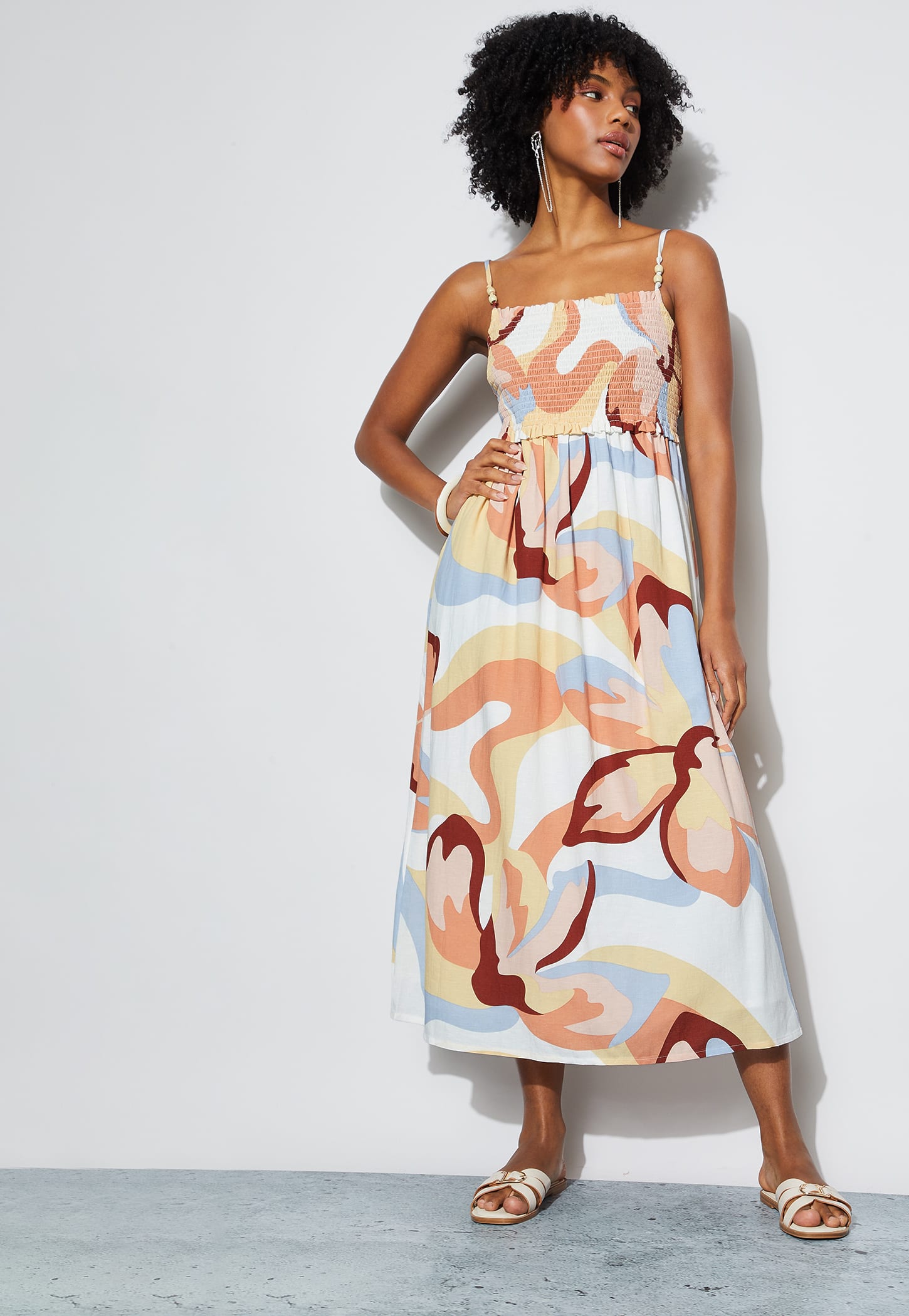 GINGER Printed Smocked Spaghetti Neck Midi Dress-picture-32