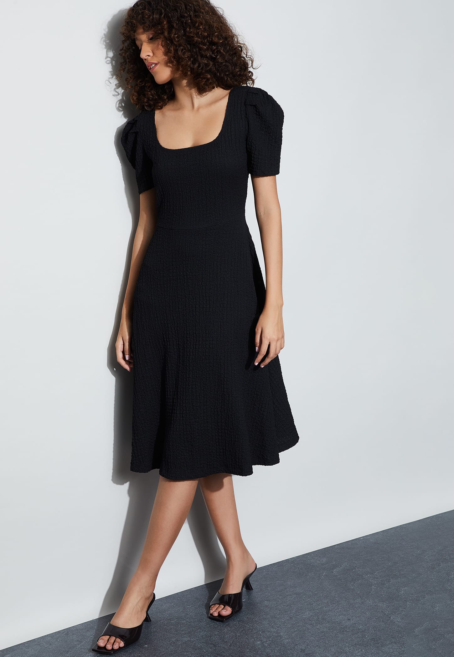 CODE Textured Puff Sleeves Midi Dress-picture-27
