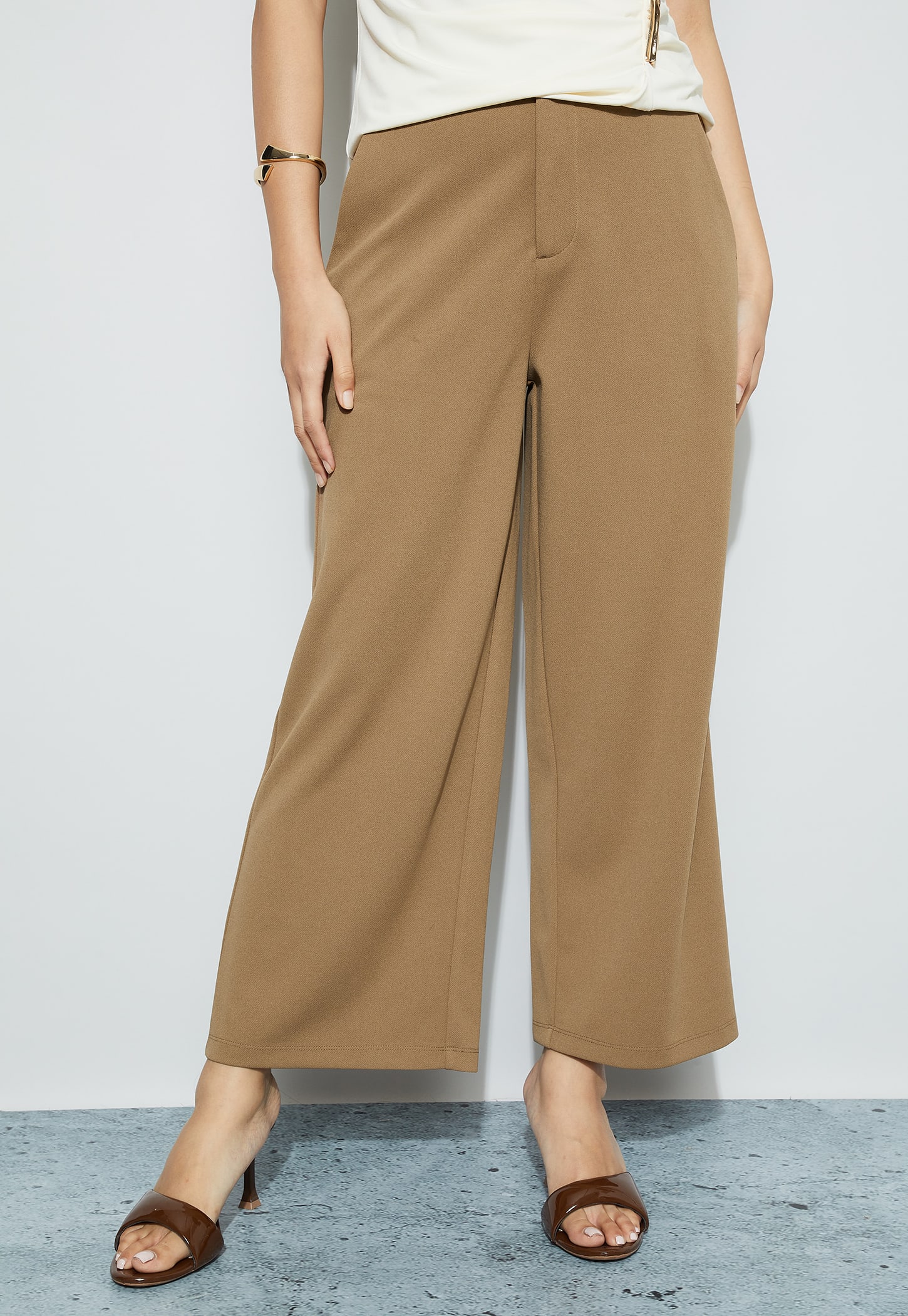 CODE Solid Flat Front Wide Leg Trousers-picture-33