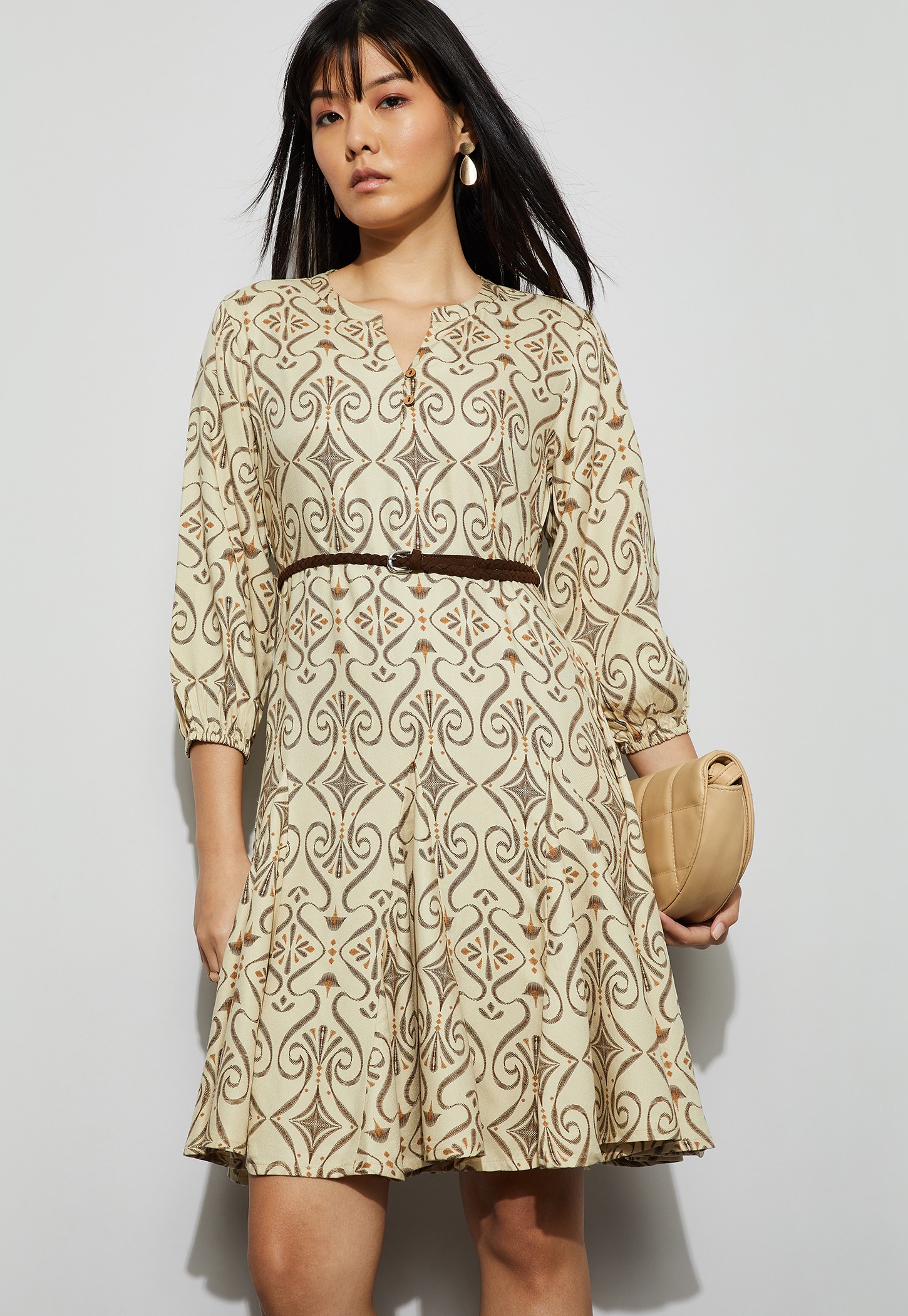 FAME FOREVER Ethnic Printed Fit & Flare Dress with Belt-picture-56