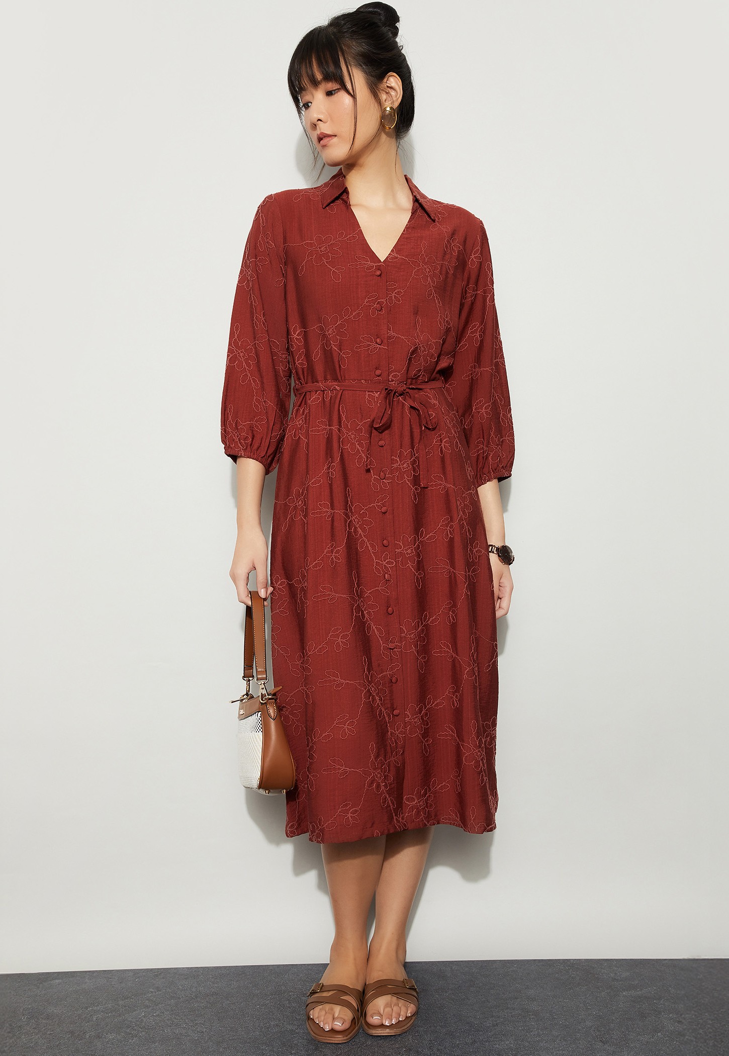 CODE Floral Embroidered Buttoned Midi Dress-picture-14