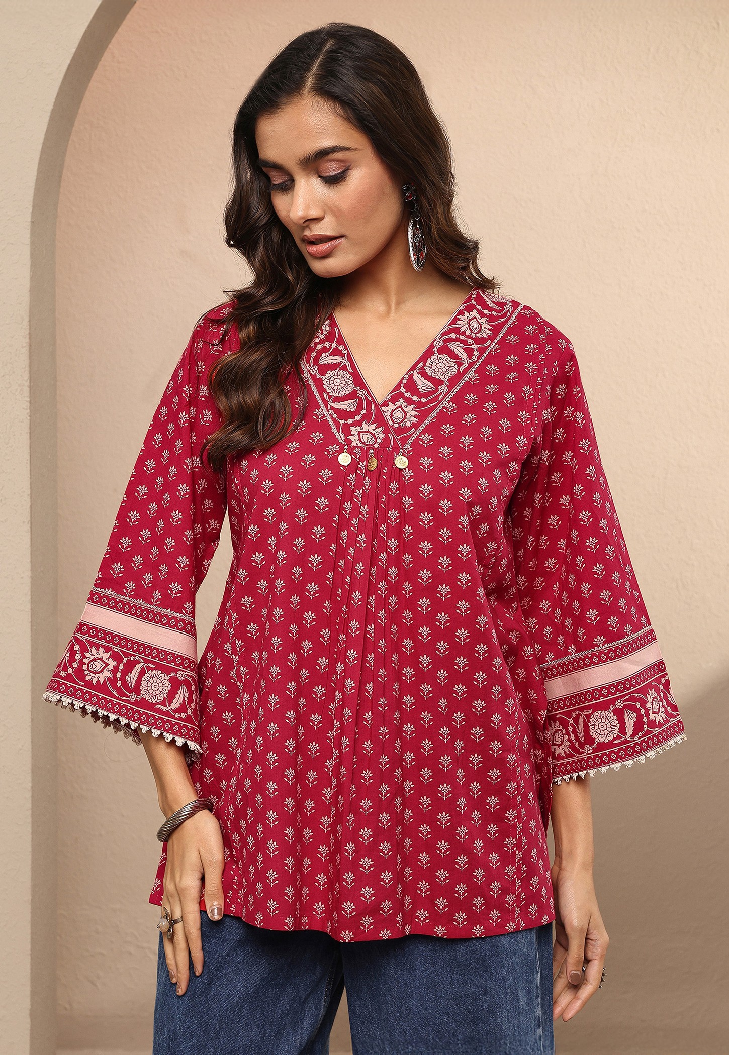LIBAS Ethnic Motif V-Neck 3/4th Sleeves Flared Kurti-image-5