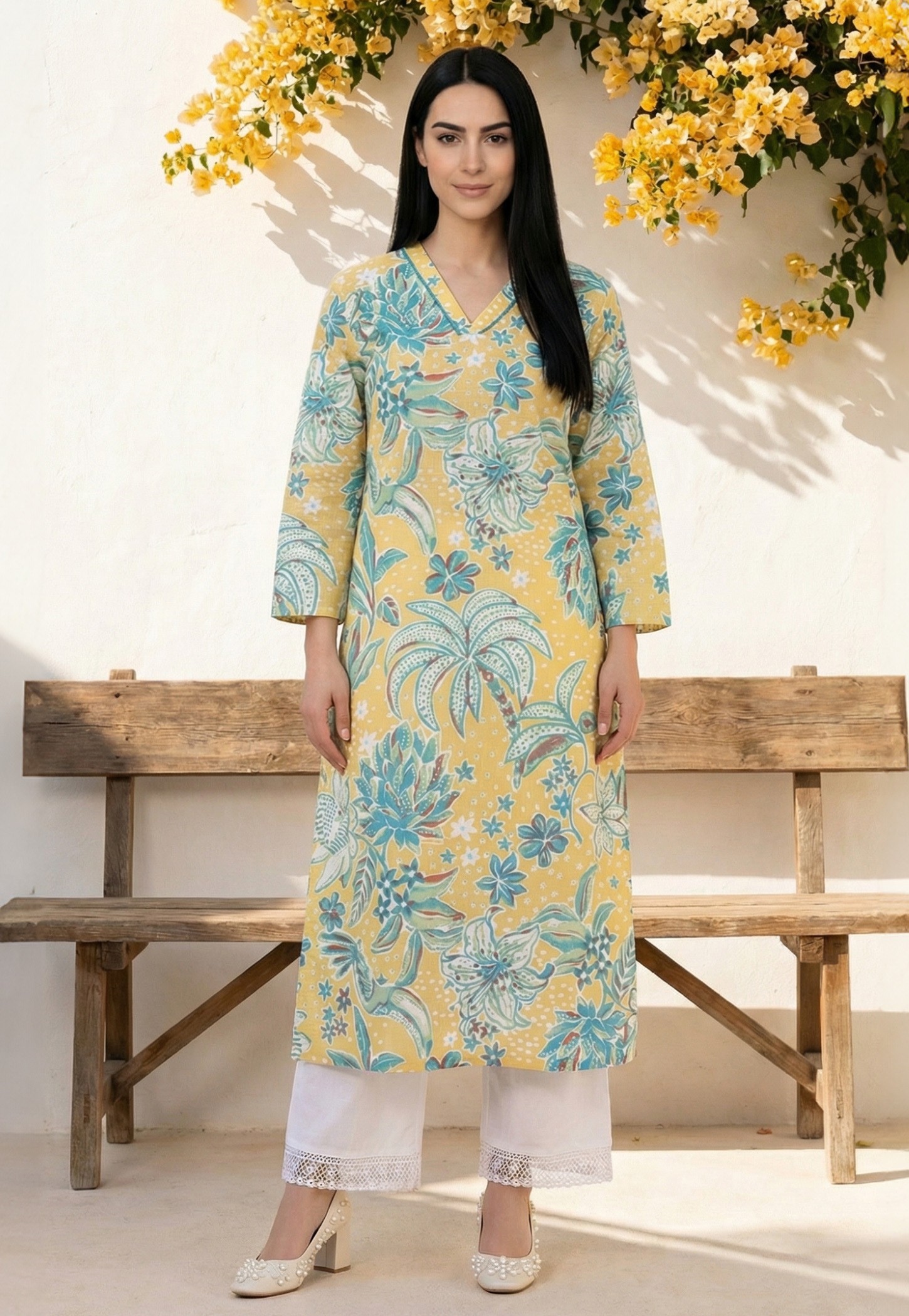 W Floral Print V-Neck 3/4th Sleeves Straight Kurta-image-42