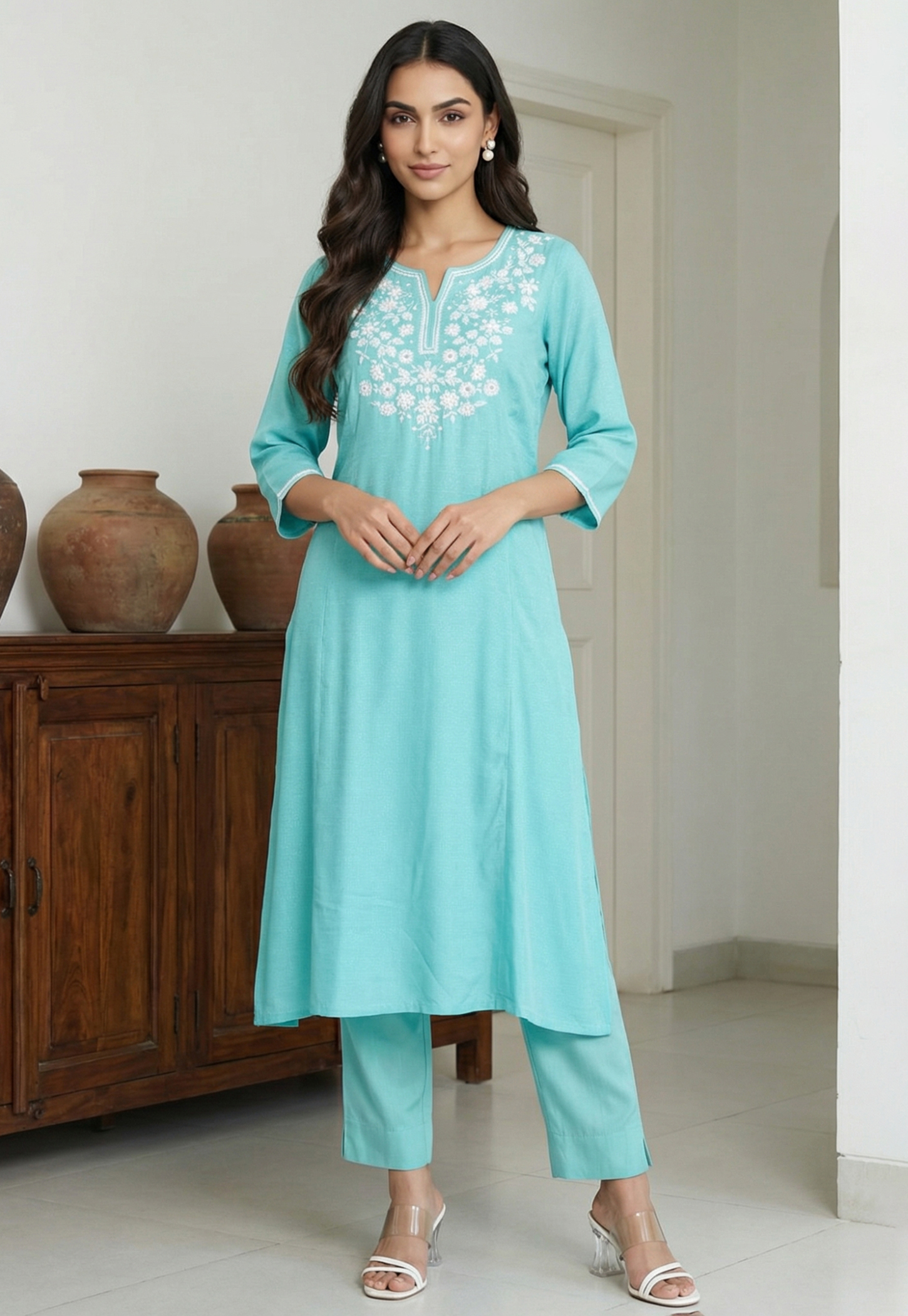 AURELIA Embroidered Notched Neck Straight Kurta-image-39