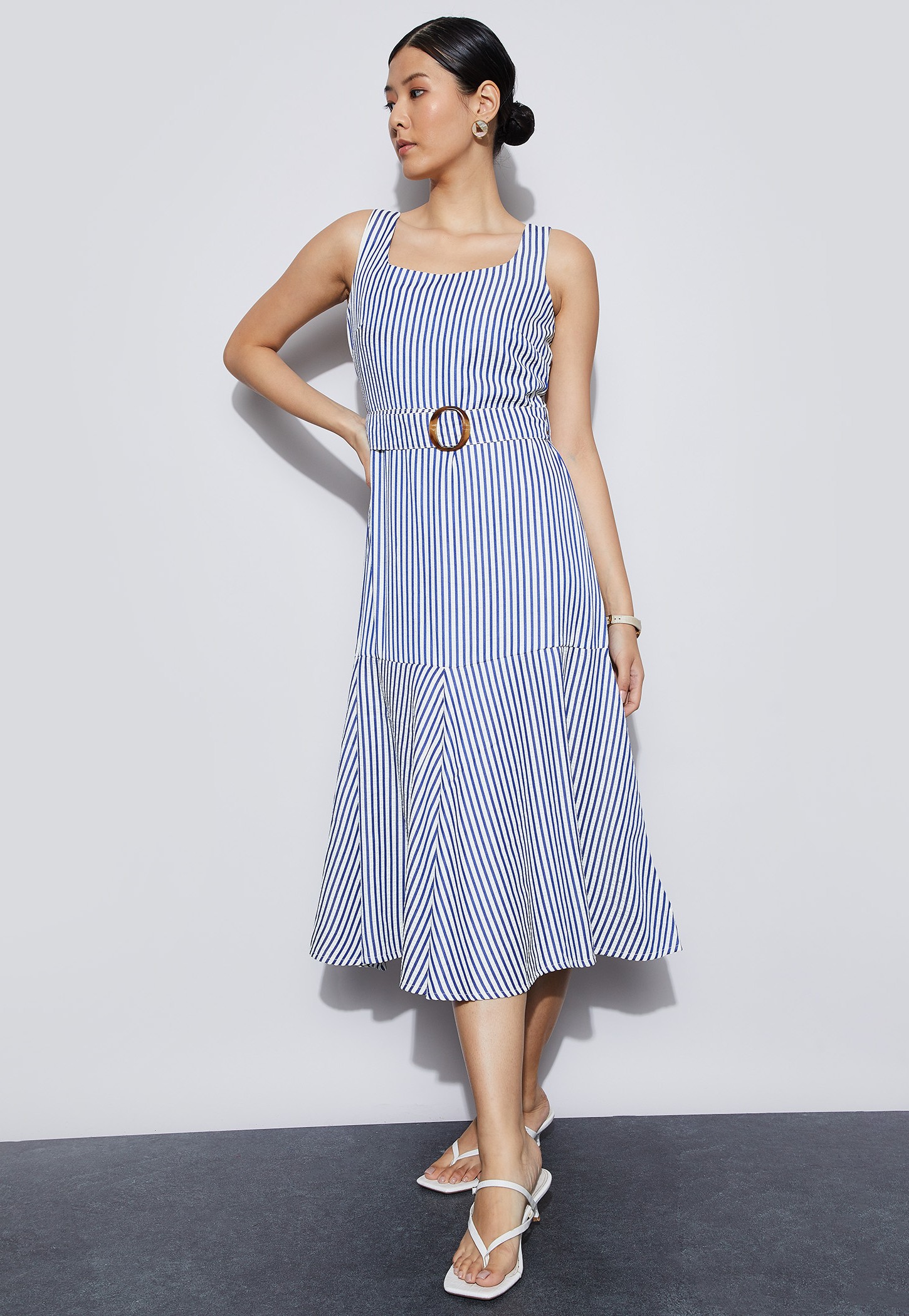 CODE Striped Fit & Flare Dress with Belt-picture-24