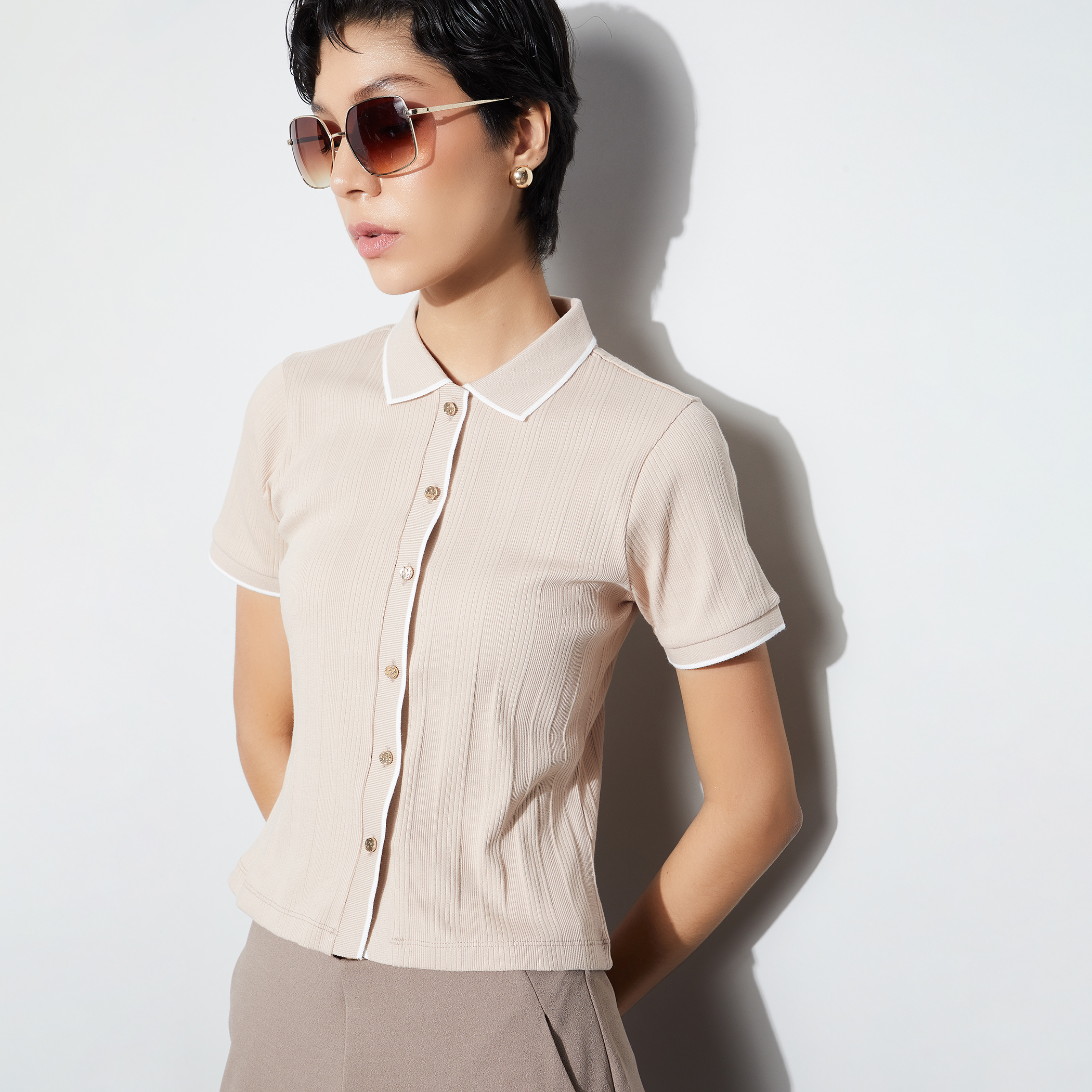CODE CLASSIC Ribbed Shirt Stype Top-picture-36
