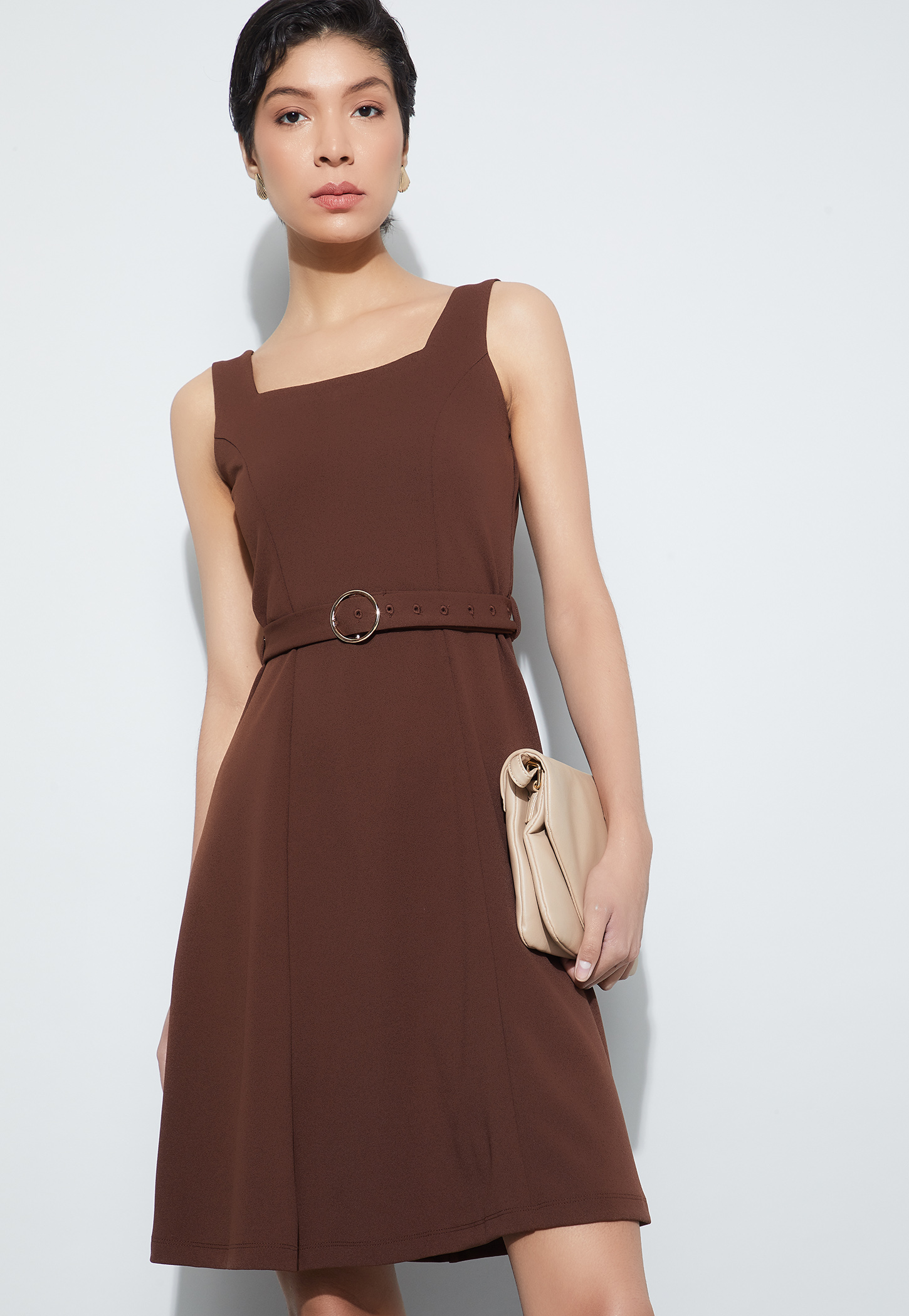 CODE Solid Belted A-line Dress-picture-11