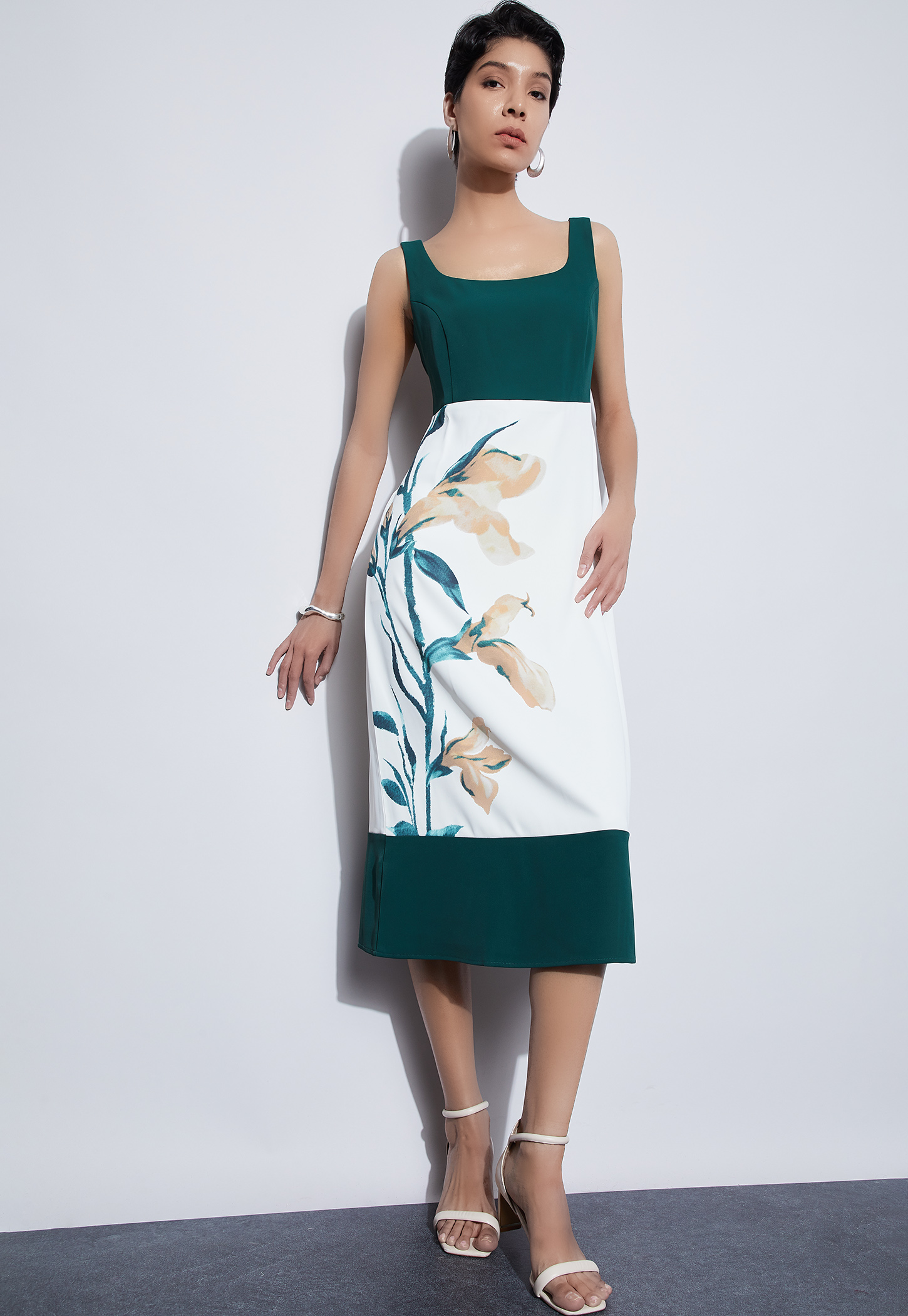 CODE Floral Print Square Neck Midi Dress-picture-36