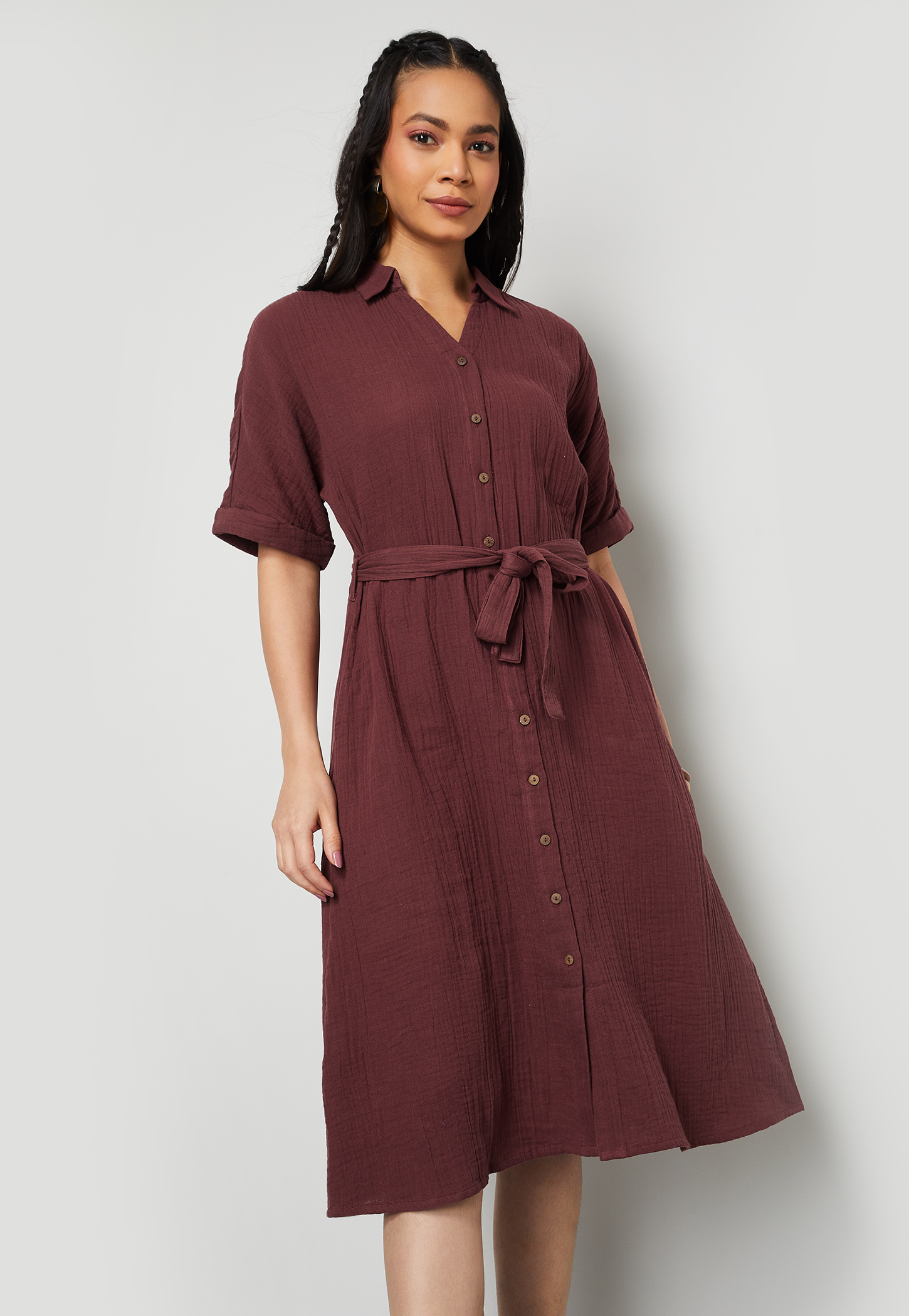 COLOUR ME Textured Shirt Dress with Tie-Up Waist-picture-41