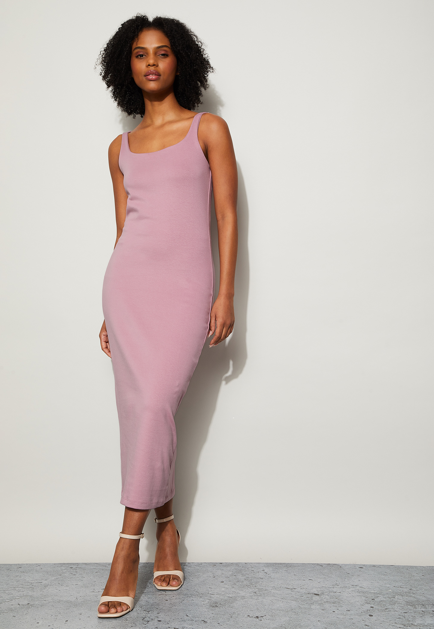 GINGER Solid Spaghetti Neck Midi Dress