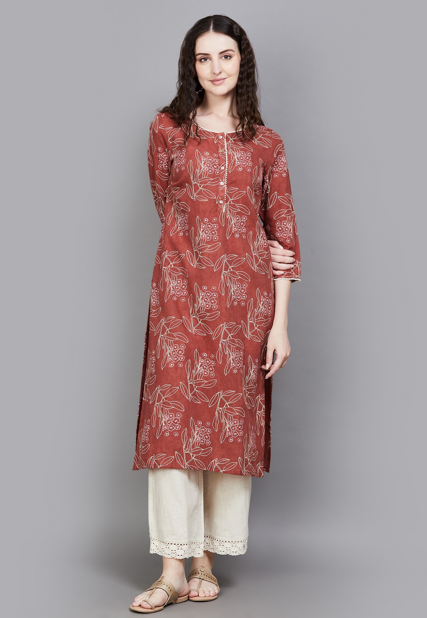 W Floral Print Straight Kurta with Round Neck and 3/4th Sleeves-image-15