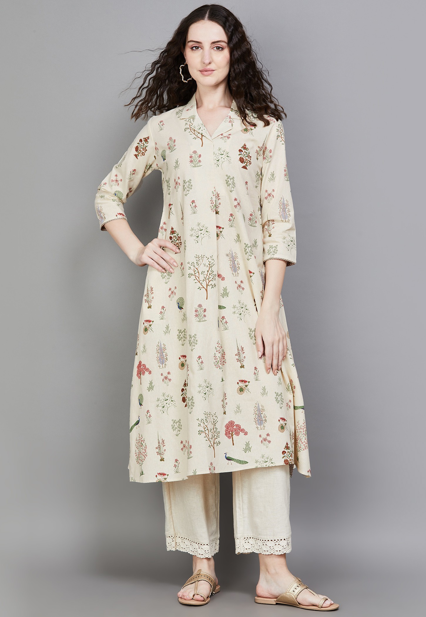 SPAN Floral Print Band Collar 3/4th Sleeves Anarkali Kurta-picture-15