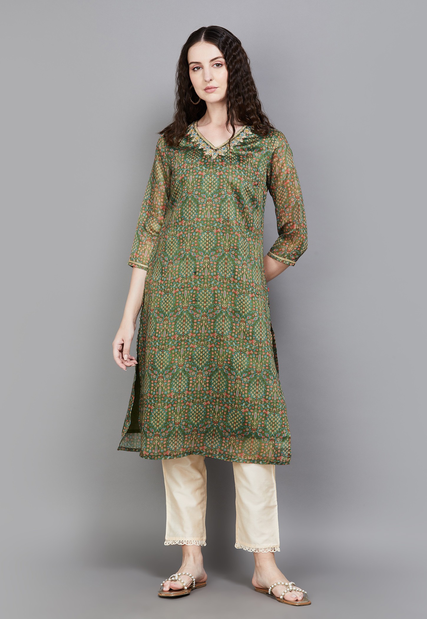 W Floral Print V-Neck Straight Kurta-image-36