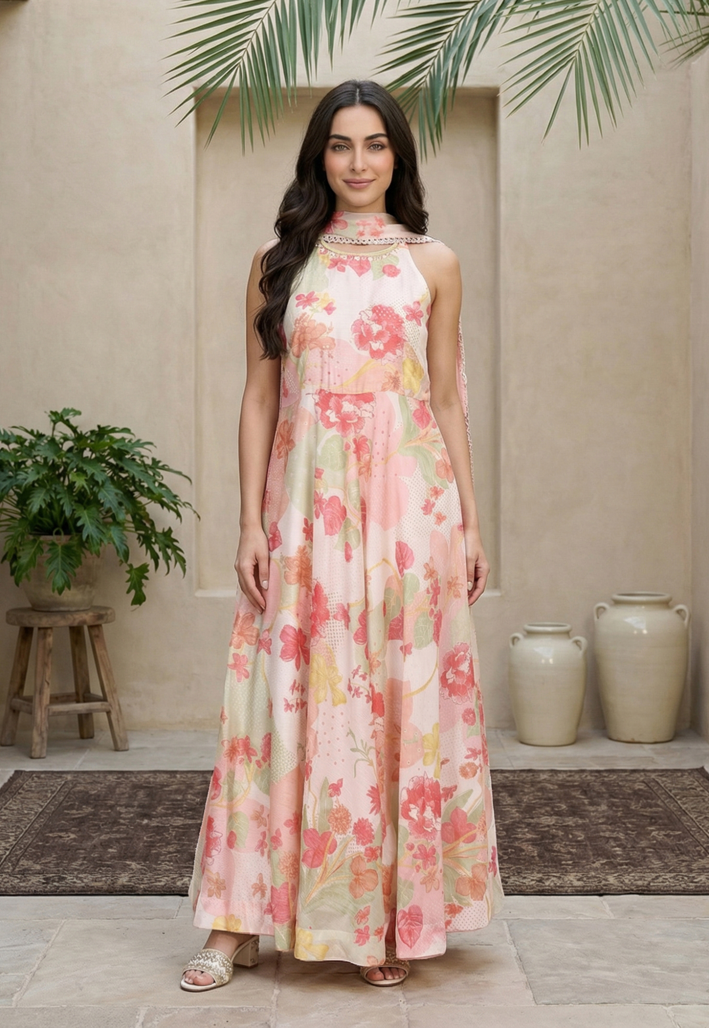 W Floral Print Maxi Dress with Dupatta-image-19