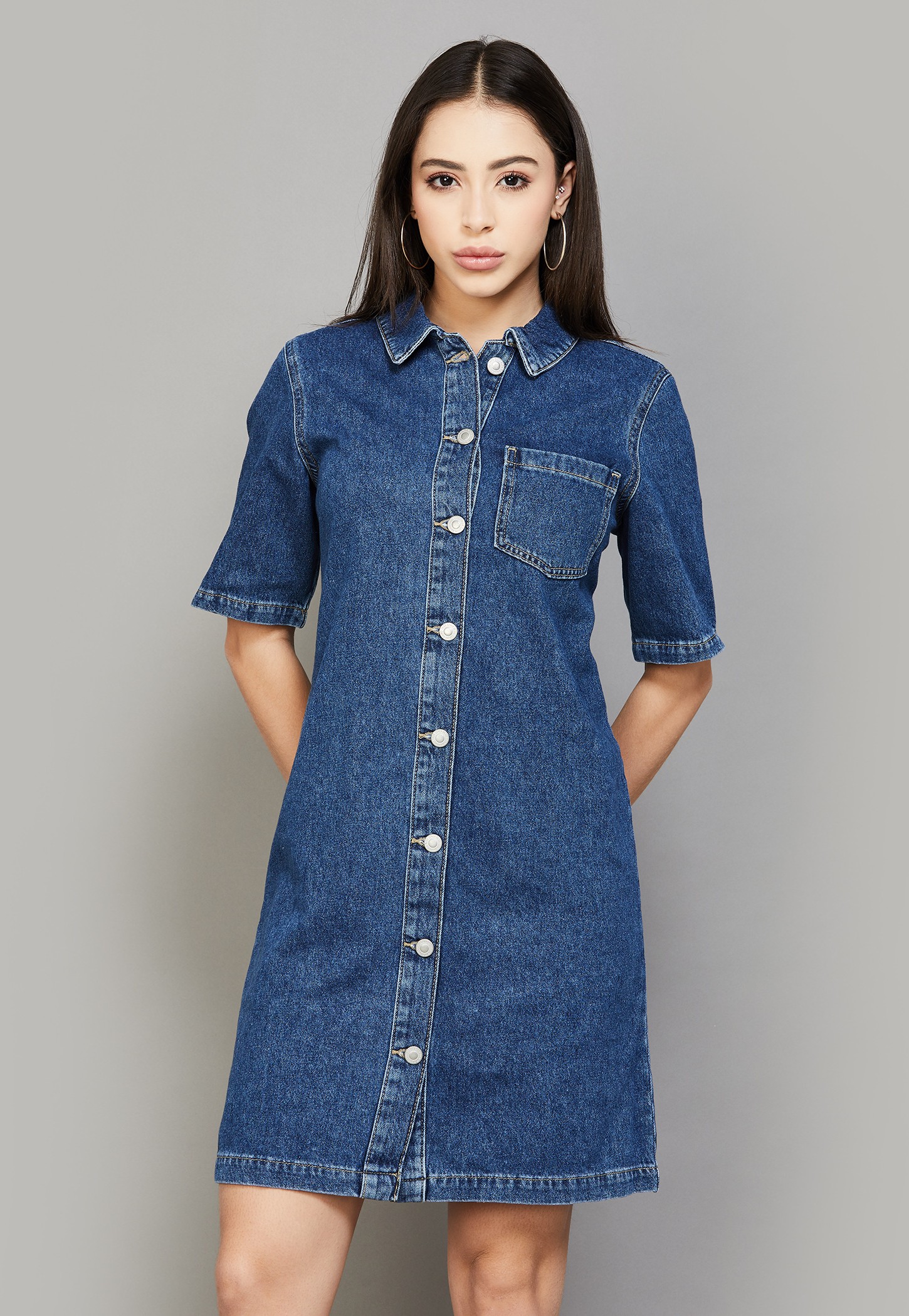 ONLY Solid Collared Button-Down Shirt Dress-picture-16