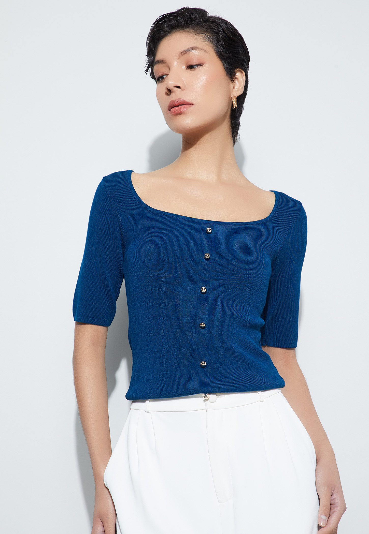CODE Solid Button Closure Square Neck Top-image-36
