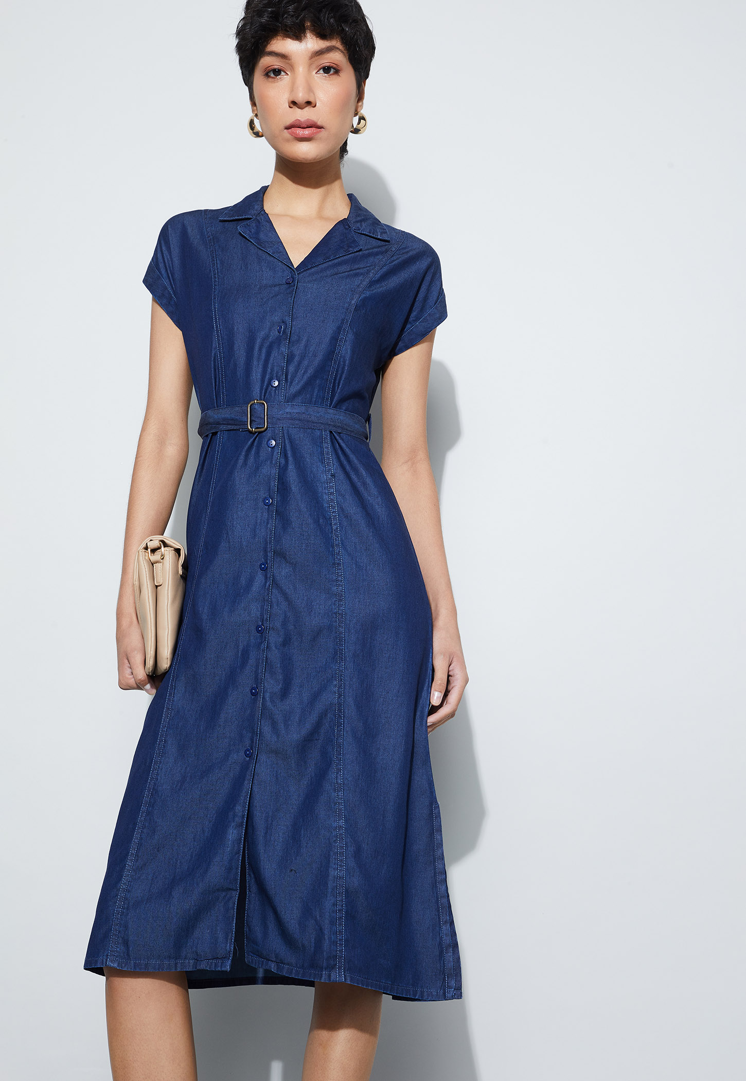 FAME FOREVER Belted Button-Down Midi Dress-picture-49
